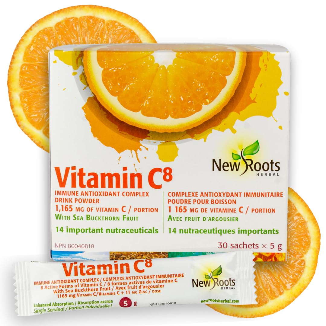 New Roots Herbal - Vitamine C8, 30 sachets pour 30 jours - Poudre à Boire Complexe Immunitaire Antioxydant - Source d'Électrolytes & Soutient la Fonction Musculaire - Moins Acide et pour les Défis Gastro-intestinaux