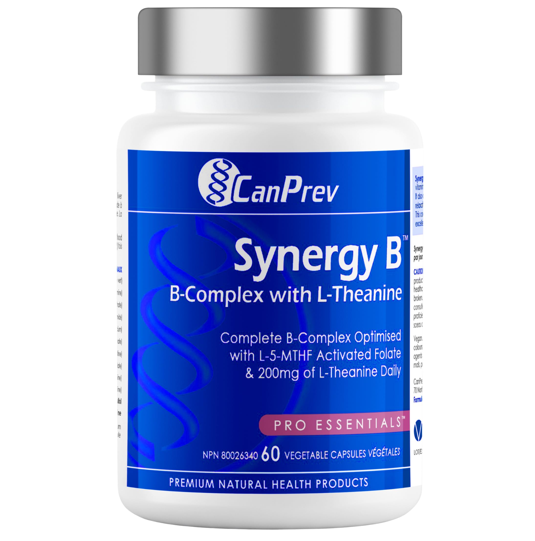 CanPrev Synergy B Complex 60 capsules végétales Approvisionnement de 30 jours - Supplément de vitamine B avec L-théanine 200mg - Complexe B complet optimisé avec folate activé L-5-MTHF et spiruline - Végétalien, sans OGM et sans gluten