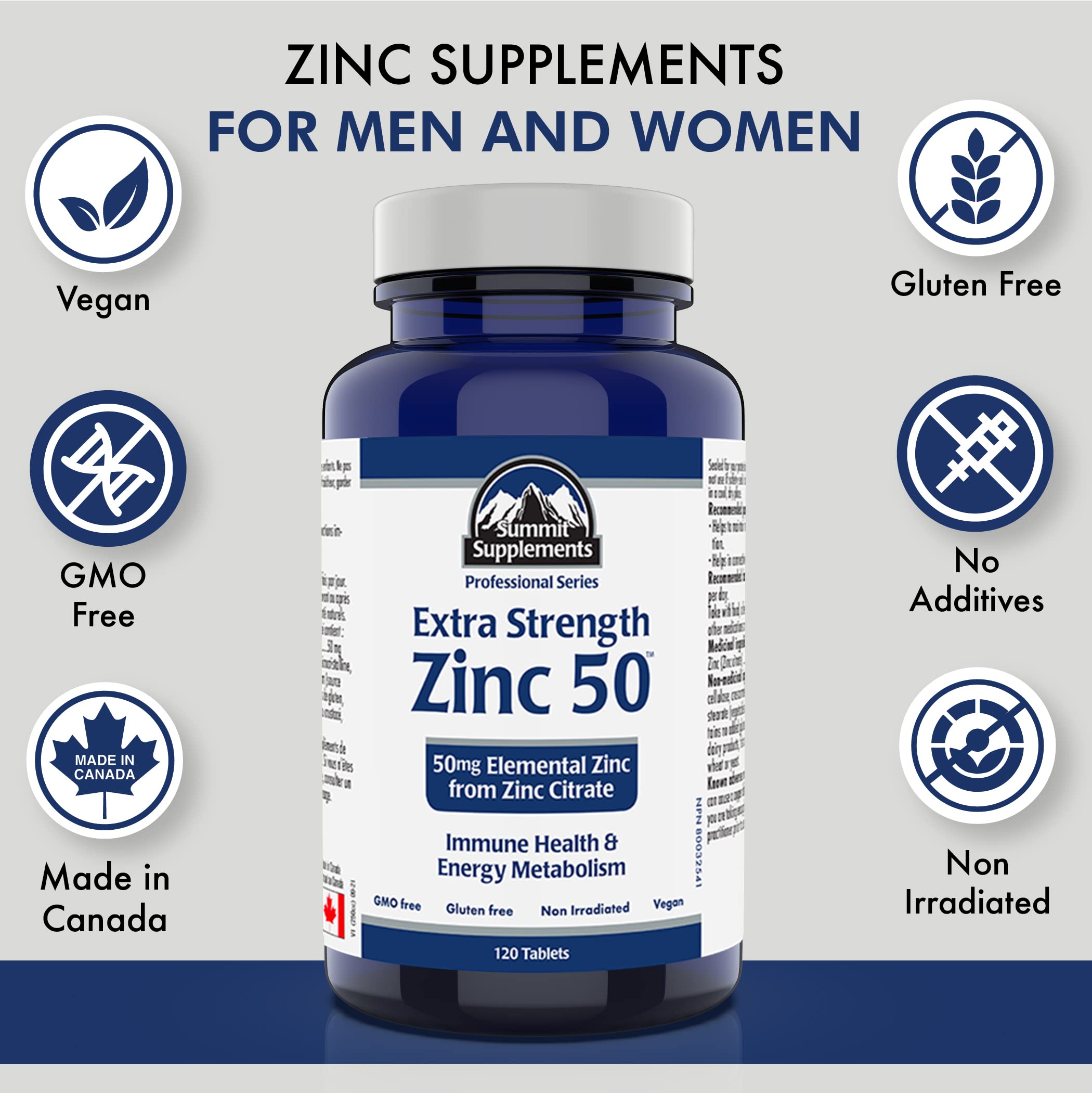 Proudly Canadian & Plastic Negative - Chelated Zinc Citrate 50mg 120 Vegan Tablets 120-Day Supply - Healthy Skin, Enhanced Sleep and Immune Support - 3rd Party Tested - Formulated & Made in Canada