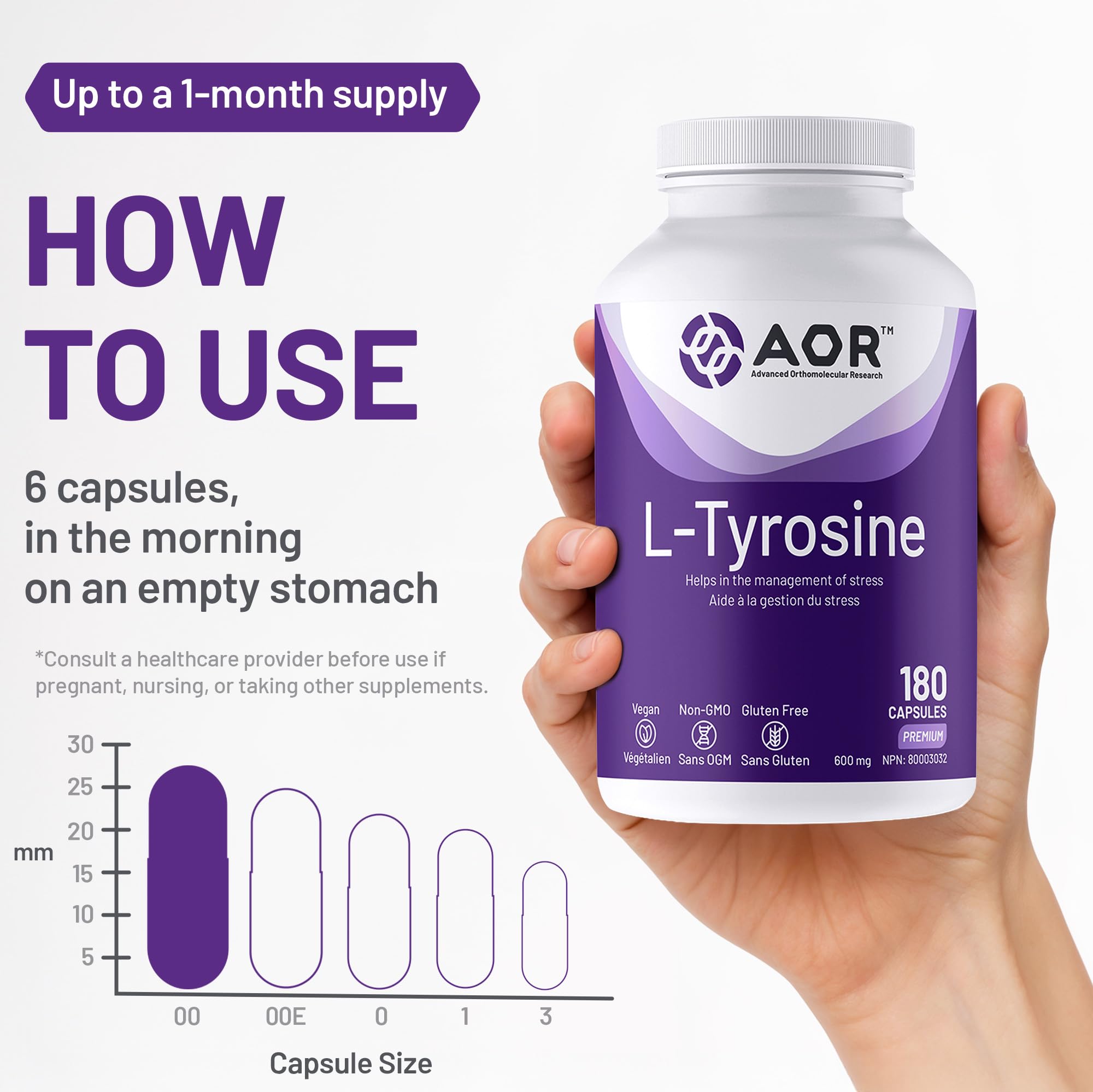 AOR L-Tyrosine 600mg 180 Capsules 30-Day Supply - Vegan, Non-GMO, Gluten-Free - L-Tyrosine Supplement to Support Brain Function, Promote Focus, Mental Clarity, Cognitive Performance and Restful Sleep