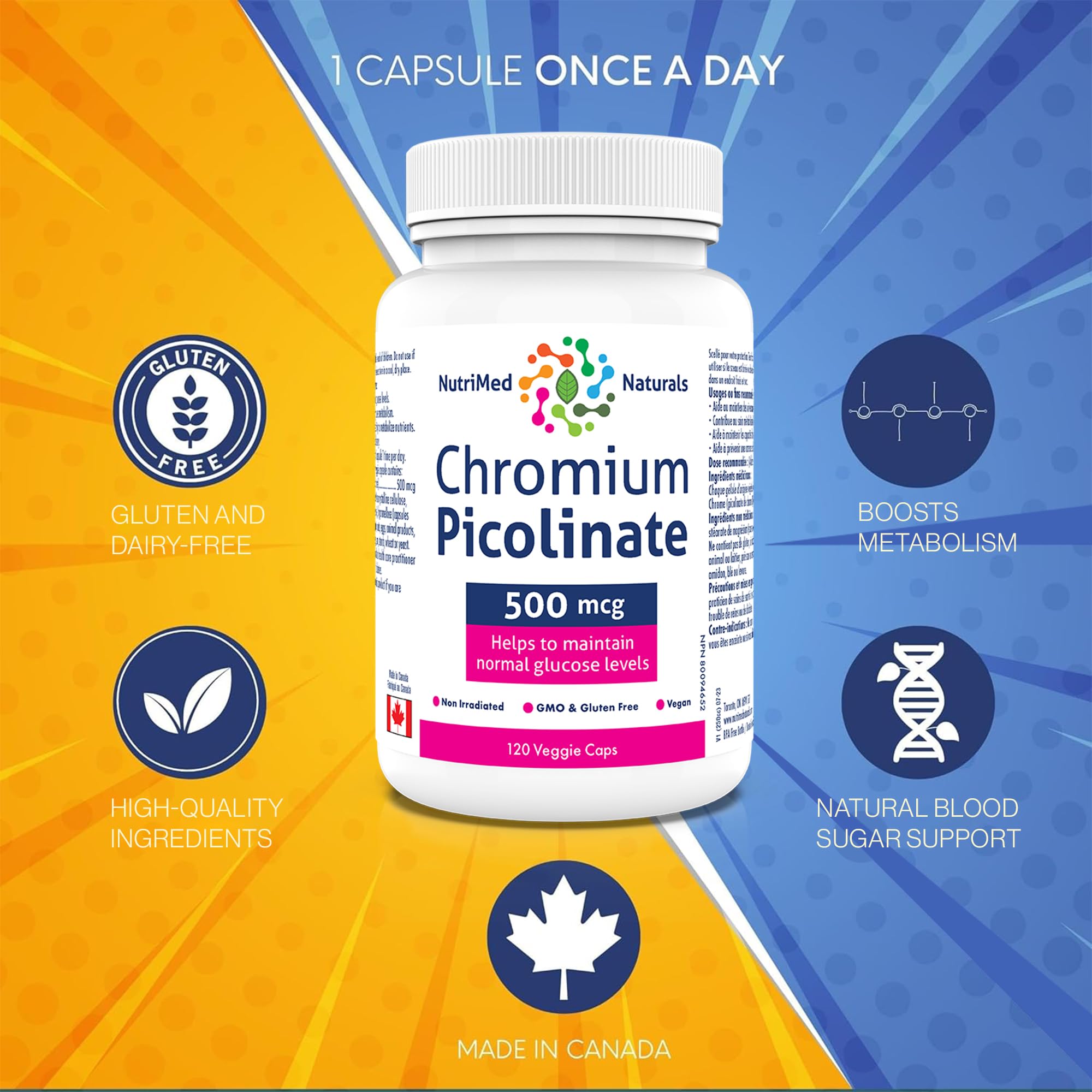 Nutrimed Naturals - Picolinate de chrome 500mcg, 120 Gélules pour 120 Jours - Soutien de la Glycémie et du Sucre Sanguin - Soutien de la Masse Musculaire et du Métabolisme - Testé par un Tiers - Formulé et Fabriqué au Canada