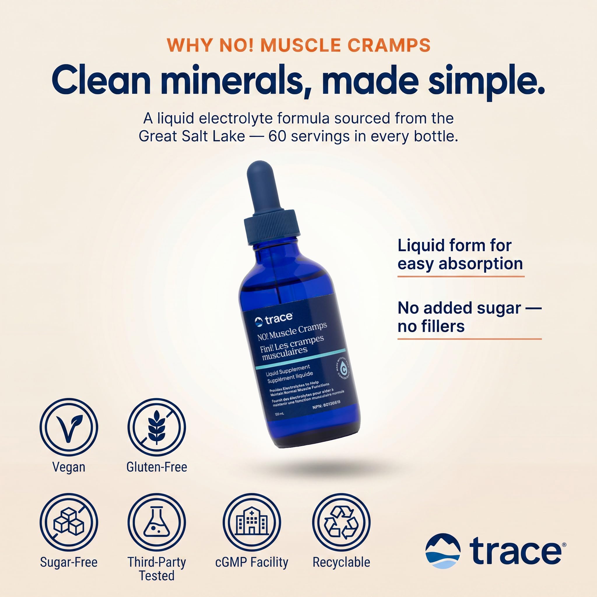 Trace Minerals No Muscle Cramps | Sugar Free Electrolyte Balance Magnesium, Potassium, Sodium | for Rapid Muscle Rehydration | 60 Servings, 4.06 fl oz