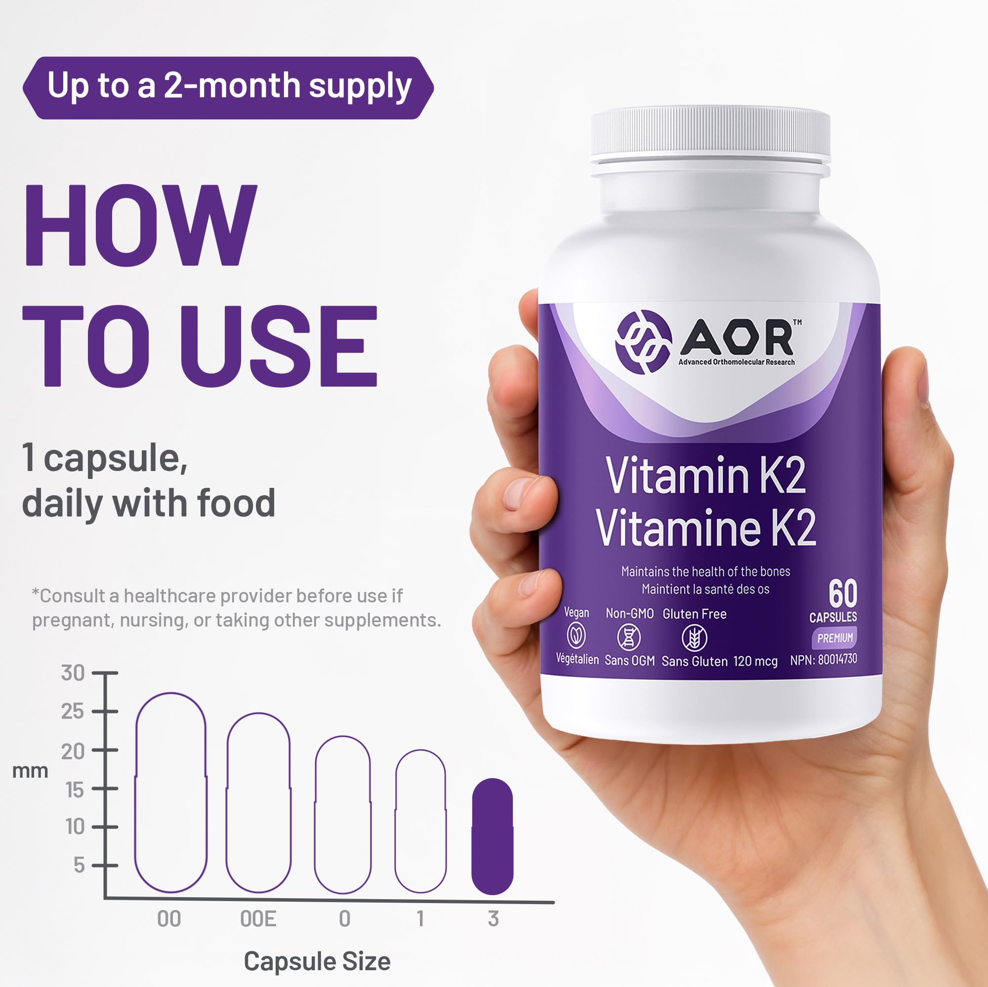 AOR Vitamin K2 Supplement 120mcg, Vegan 60 Caps 60-Day Supply - Supports Bone, Liver & Heart Wellness, Promotes Efficient Calcium Use, Helps Maintain Healthy Blood Clotting, Balanced MK-4 & MK-7 Ratio