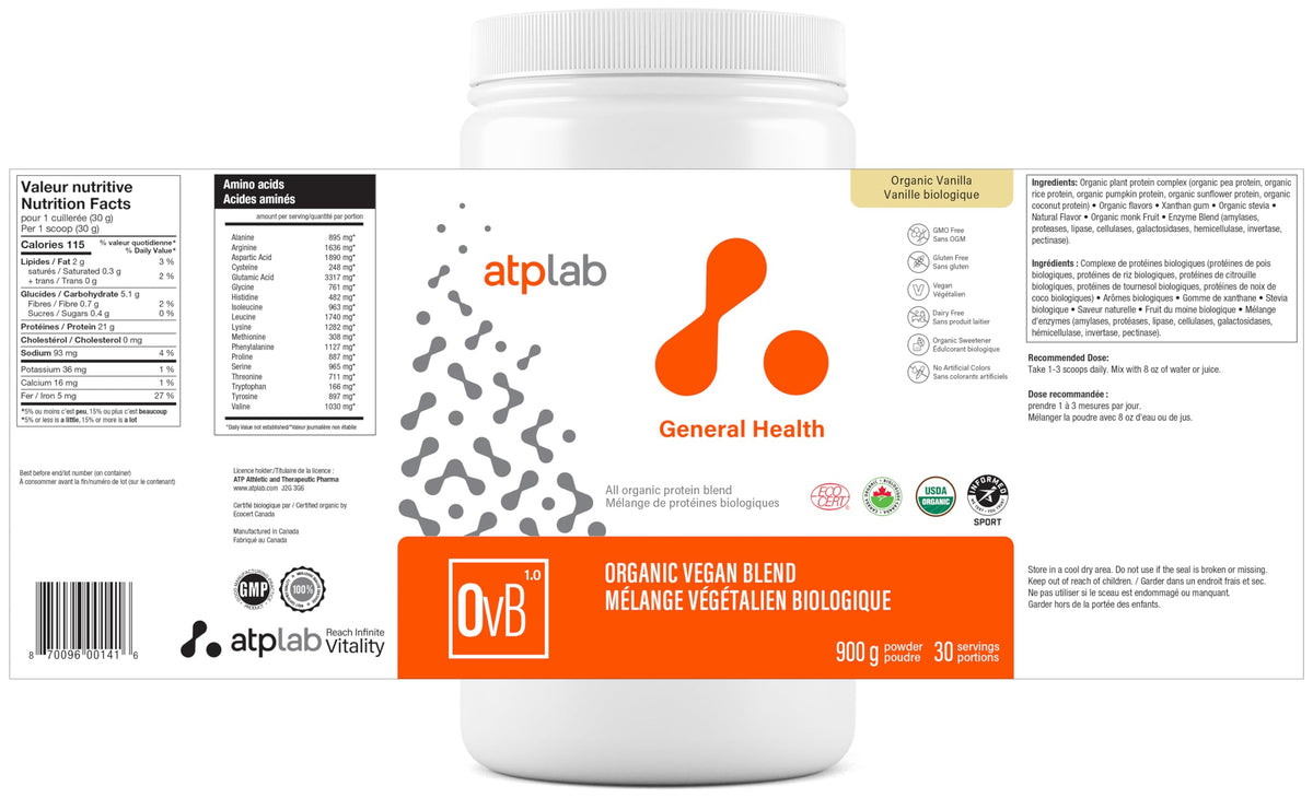 atplab Organic Vegan Blend Protein Powder, 5 Plant Proteins, Vanilla, 900g