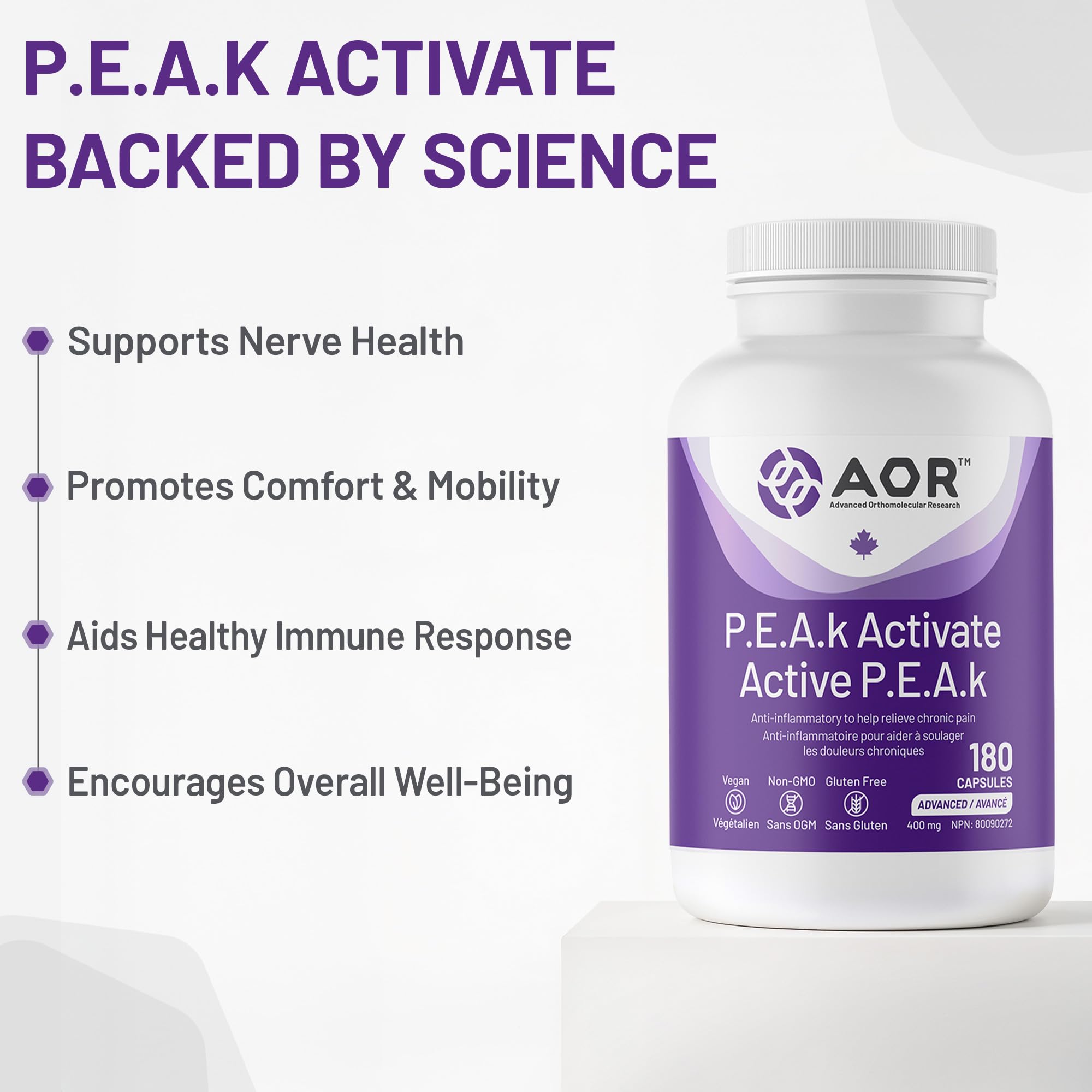 AOR P.E.A.K Activate 400 mg – Supplément de palmitoyléthanolamide (PEA) pour le confort et le bien-être – Sans OGM et végétalien – Supplément de PEA pour un bien-être équilibré et un soutien quotidien