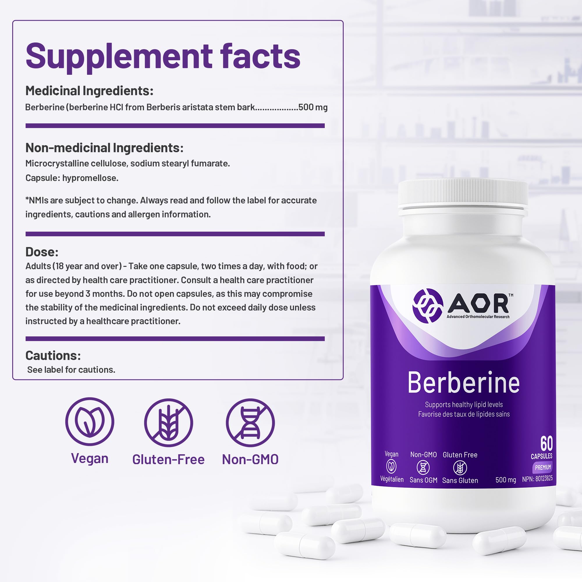 AOR - Berbérine 500mg - Complément de berbérine pour des taux lipidiques et un cholestérol sains, santé cardiovasculaire - Supplément pour abaisser le cholestérol LDL