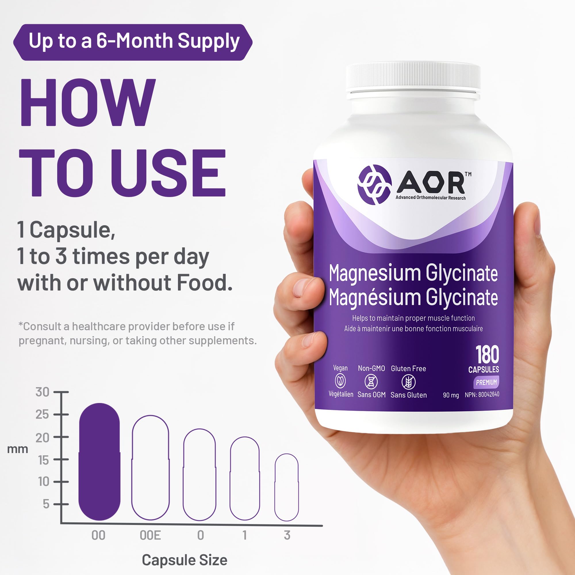 AOR Magnésium Glycinate, 90 mg, Favorise une fonction musculaire et un métabolisme optimaux, Soutien cardiovasculaire, Confort musculaire et cycles menstruels équilibrés, Végétalien et sans OGM