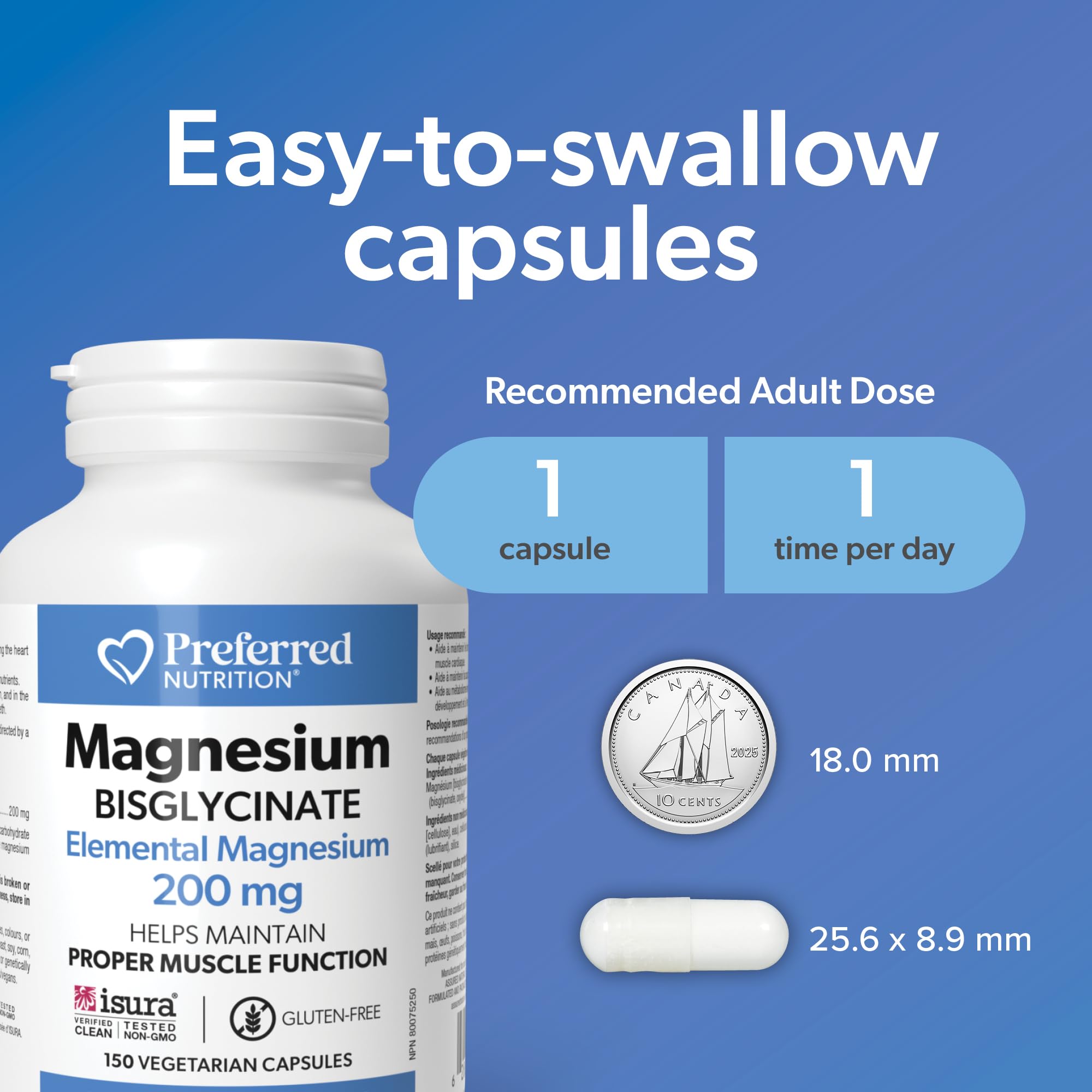 Preferred Nutrition Magnesium Bisglycinate 200 mg, Veg Caps, Elemental Magnesium, Maintains Proper Muscle Function, Proudly Canadian