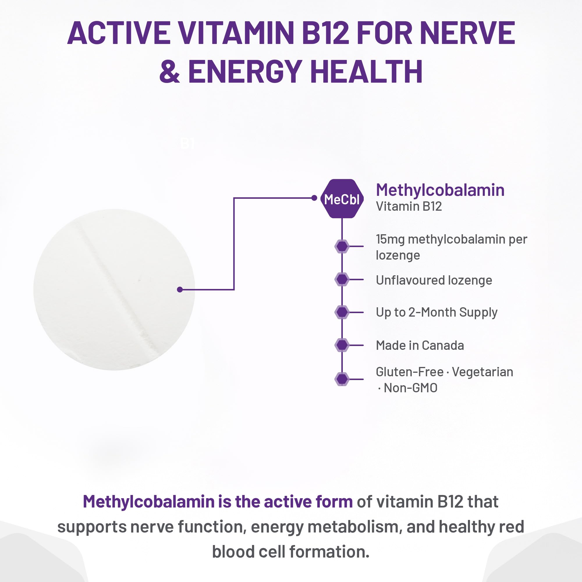 AOR - Méthyl B12, 60 pastilles - Vitamine B12 Méthylcobalamine - Complément favorisant la santé nerveuse - Supplément végétalien de B12 - Aide à prévenir la carence en vitamine B12 - Capsules de B12 méthylée