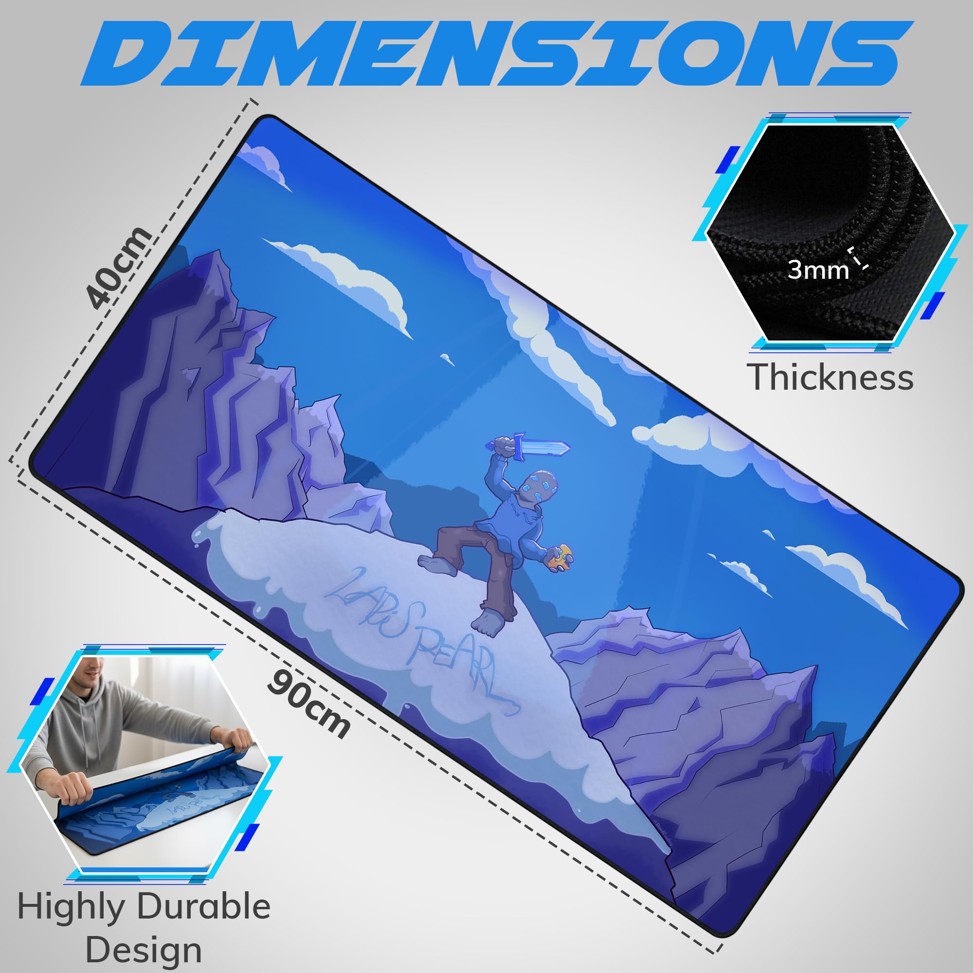 LapisPearl Extended Gaming Mouse Pad, XXL Desk Mat with Artistic Blue Cloud Design, Water-Resistant Surface, Non-Slip Rubber Base, 90 x 40 cm