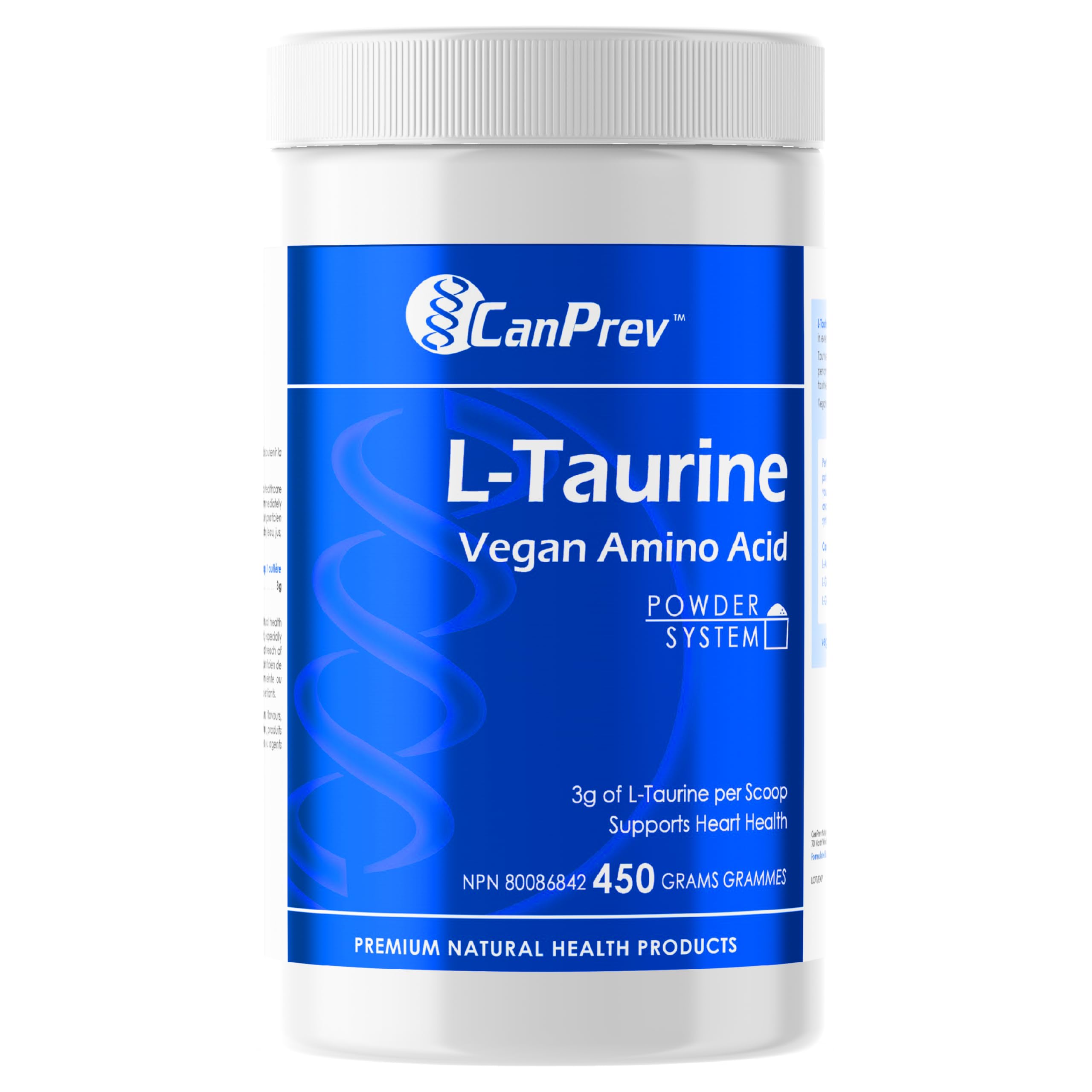 CanPrev L-Taurine poudre 450 g 450 portions - Supplément végétalien d'acides aminés, Soutient la fonction cardiovasculaire et la vitalité générale, Aide à la performance physique et à l'endurance, Taurine fermentée pure