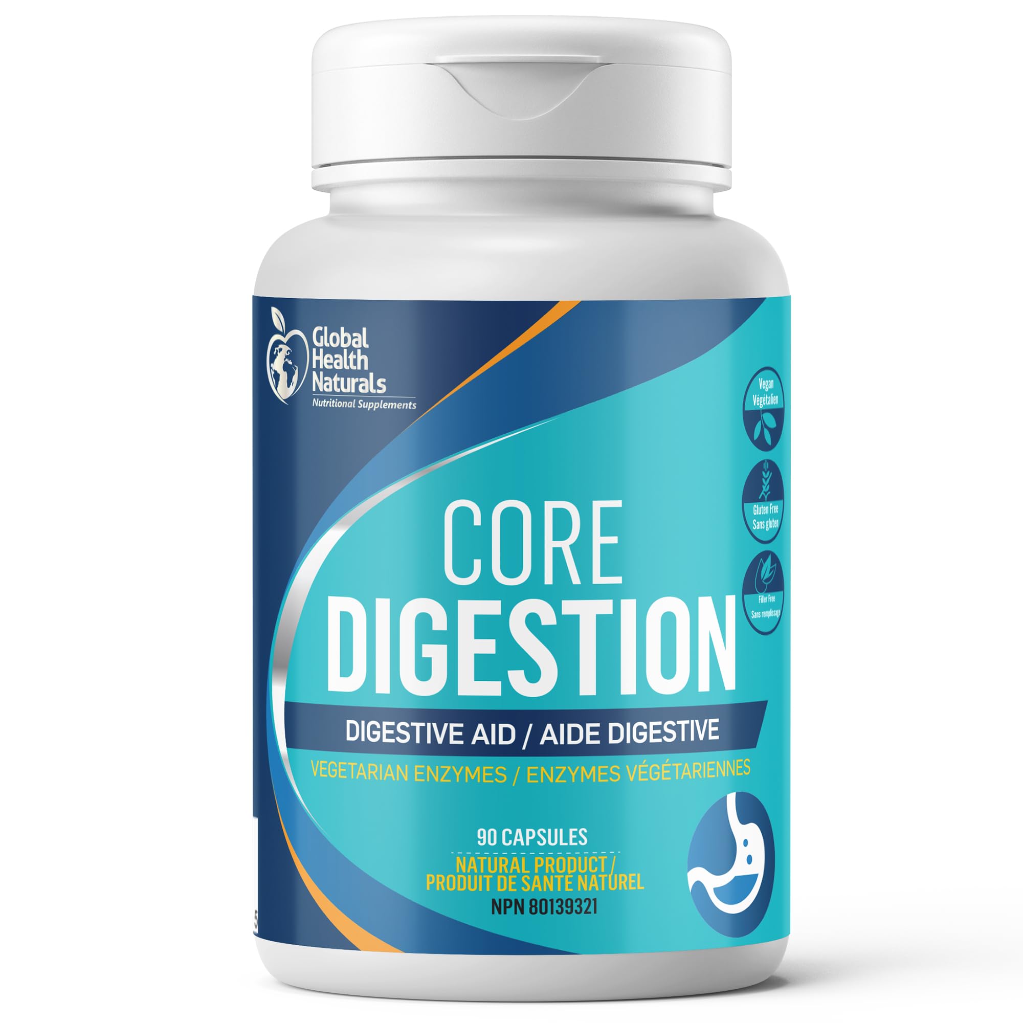 Global Health Naturals Core Digestion 90 gélules végétariennes, 30 jours de traitement, enzymes digestives douces, mélange de 12 souches pour femmes et hommes, fabriqué aux États-Unis