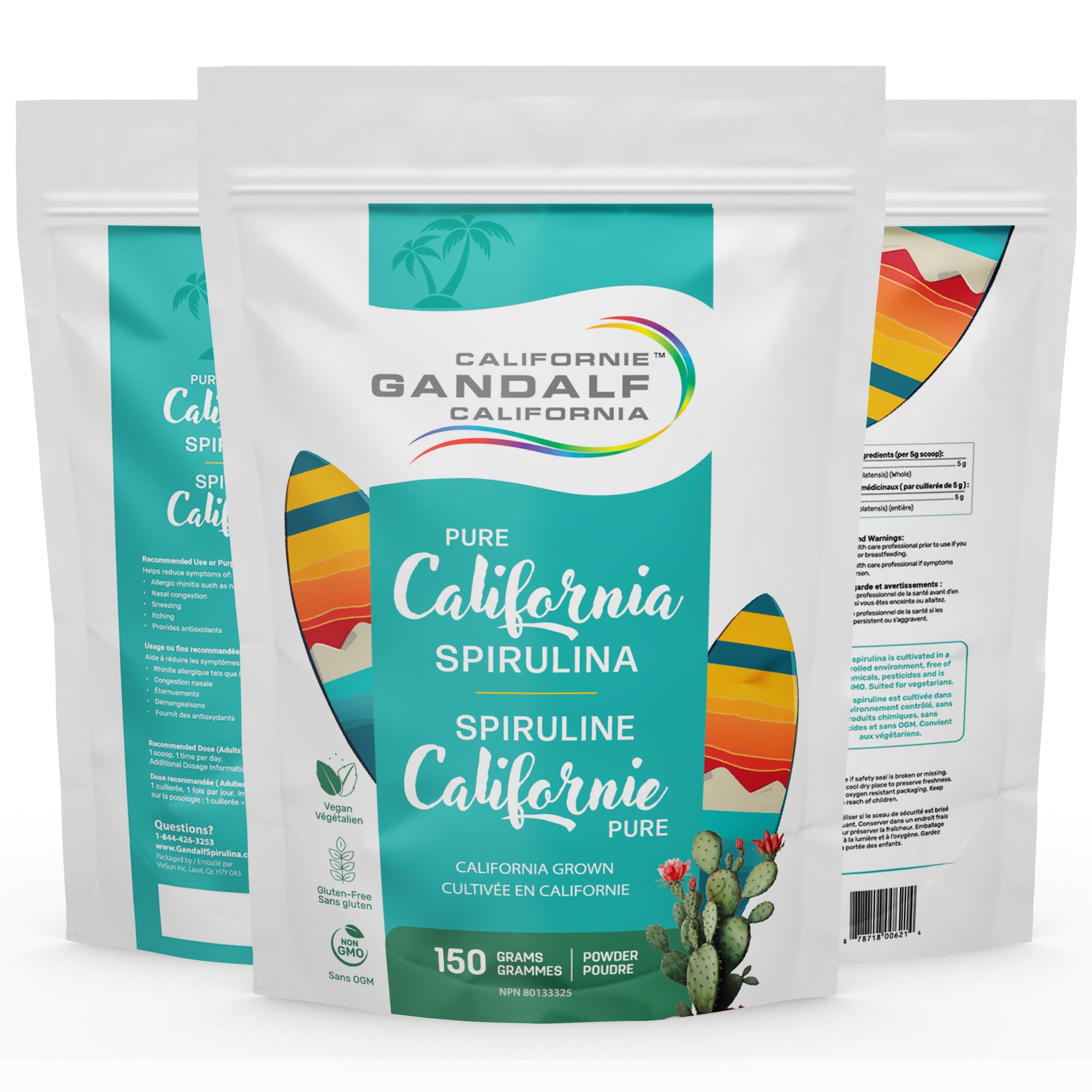 Gandalf Poudre de Spiruline Pure de Californie 150g, 30 portions, Algues bleu-vert biologiques, Végane, Sans OGM, Cultivée en Californie, Riche en Acides Aminés Essentiels, Fer et Vitamines, Douce et Facile à utiliser