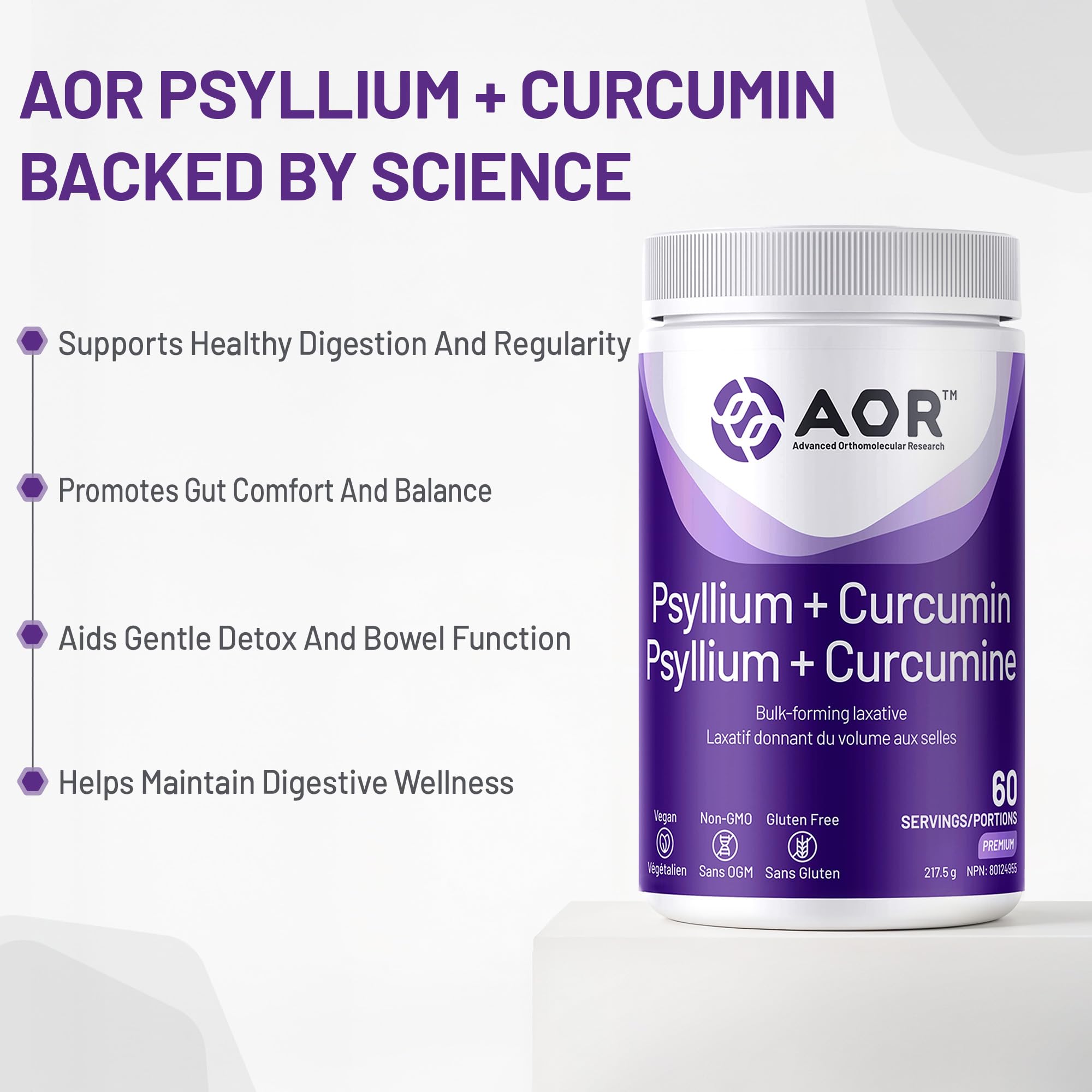 AOR Écorce de psyllium + Curcumine en poudre 217,5g 60 portions, Saveur citron rafraîchissante, Favorise la régularité, la mobilité articulaire, l'équilibre digestif et le bien-être quotidien avec des fibres naturelles, Végétalien, Sans OGM, Sans gluten