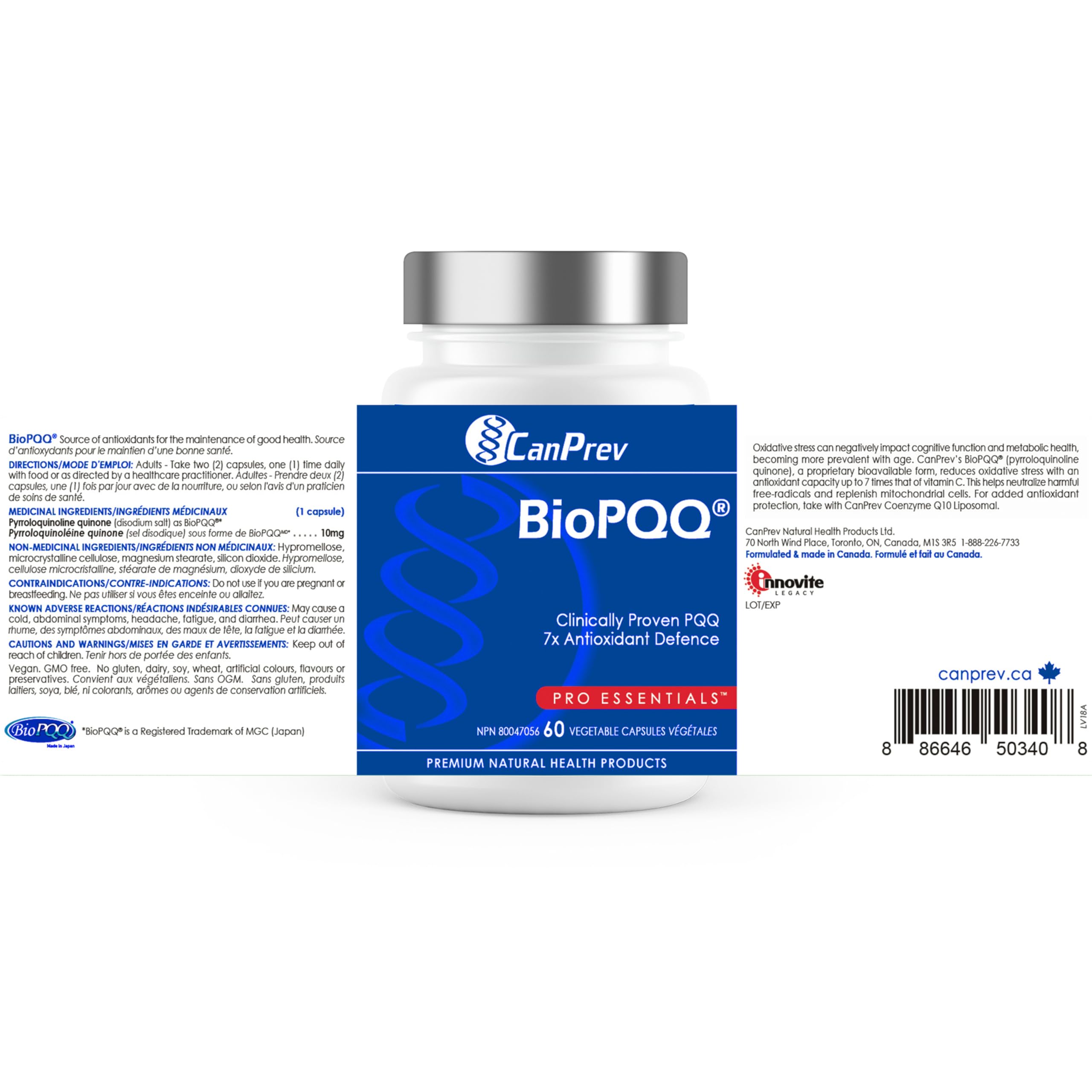 CanPrev - Supplément BioPQQ, 60 capsules, approvisionnement de 30 jours - PQQ Pyrroloquinoline Quinone pour le soutien de la mémoire, la santé cardiaque, le vieillissement sain et la santé cognitive - Supplément antioxydant - Végétalien et sans OGM