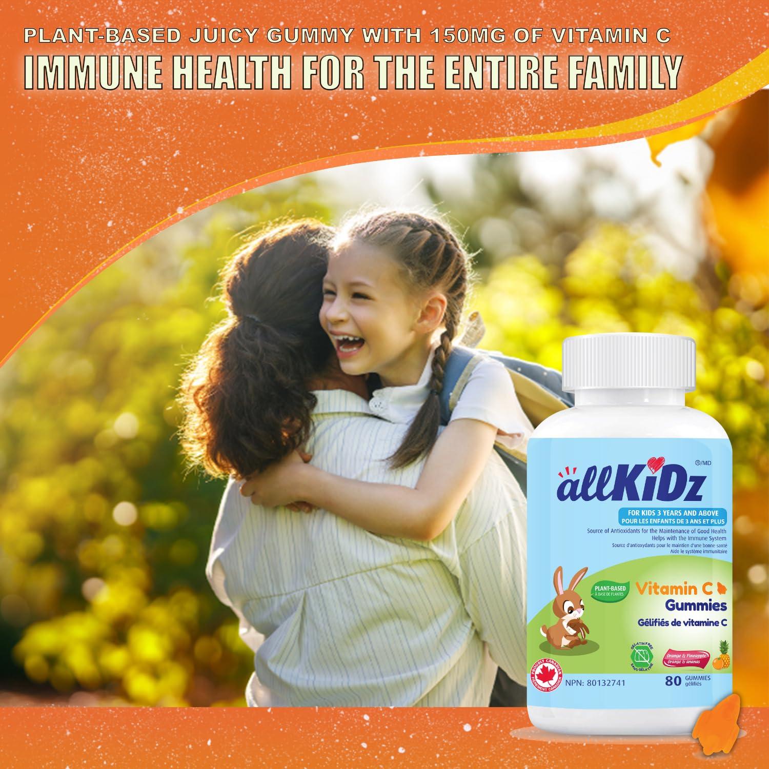 allKiDz Vitamin C Gummies for Kids Children 150mg, Made in Canada, Immune Booster Antioxidant Bones Teeth Supplement, Vegan Pectin Plant-based, Great Tasting Rocket-shaped Gummies, Orange Pineapple Flavour, 80 Count