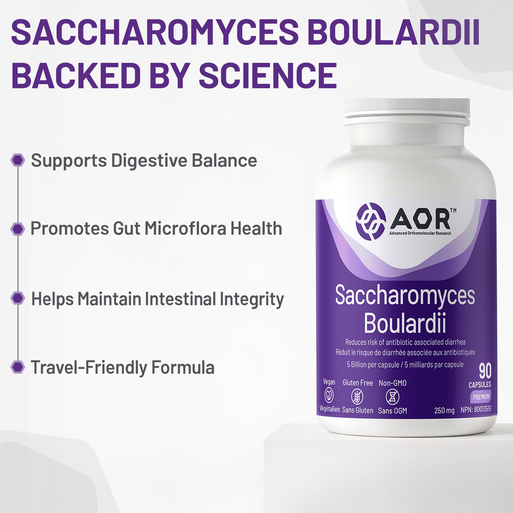 AOR Saccharomyces Boulardii Probiotique 250mg 90 Gélules pour 30 jours – 5 milliards, Végétalien, Sans OGM et Sans Gluten – Soutien digestif pour la fonction intestinale, Stable à température ambiante