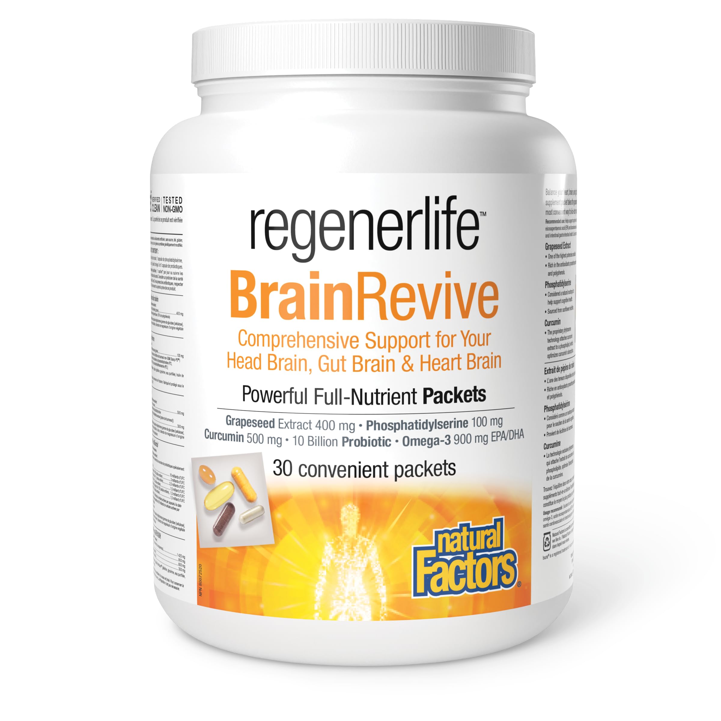 Natural Factors Regenerlife BrainRevive, 30 Convenient Packets, Five-in-One Supplement Kit, Daily Full Nutrient Packets Contain: Phosphatidylserine, Bioavailable Curcumin, Omega 3 EPA/DHA, Grapeseed Extract and High-Potency Five-Strain Probiotics, Support