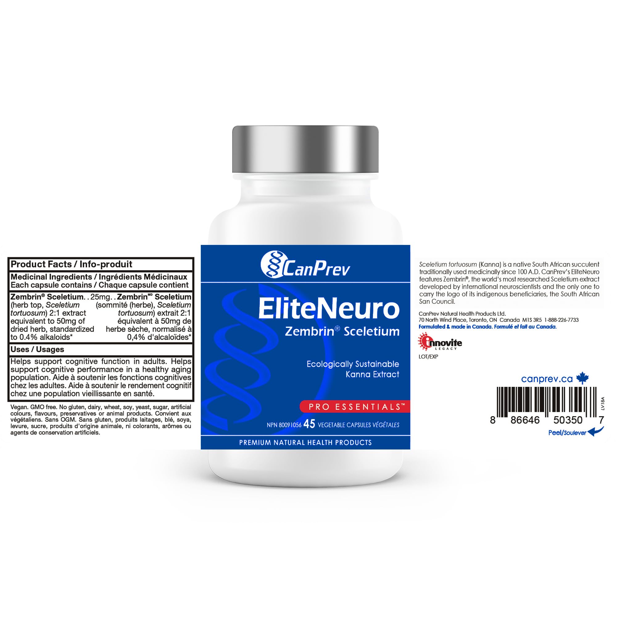 CanPrev - EliteNeuro Zembrin Sceletium, 45 gélules, approvisionnement de 45 jours - Aide à soutenir la fonction cognitive chez les adultes - Aide à soutenir la performance cognitive, la concentration et l'attention mentale - Végétalien et sans OGM