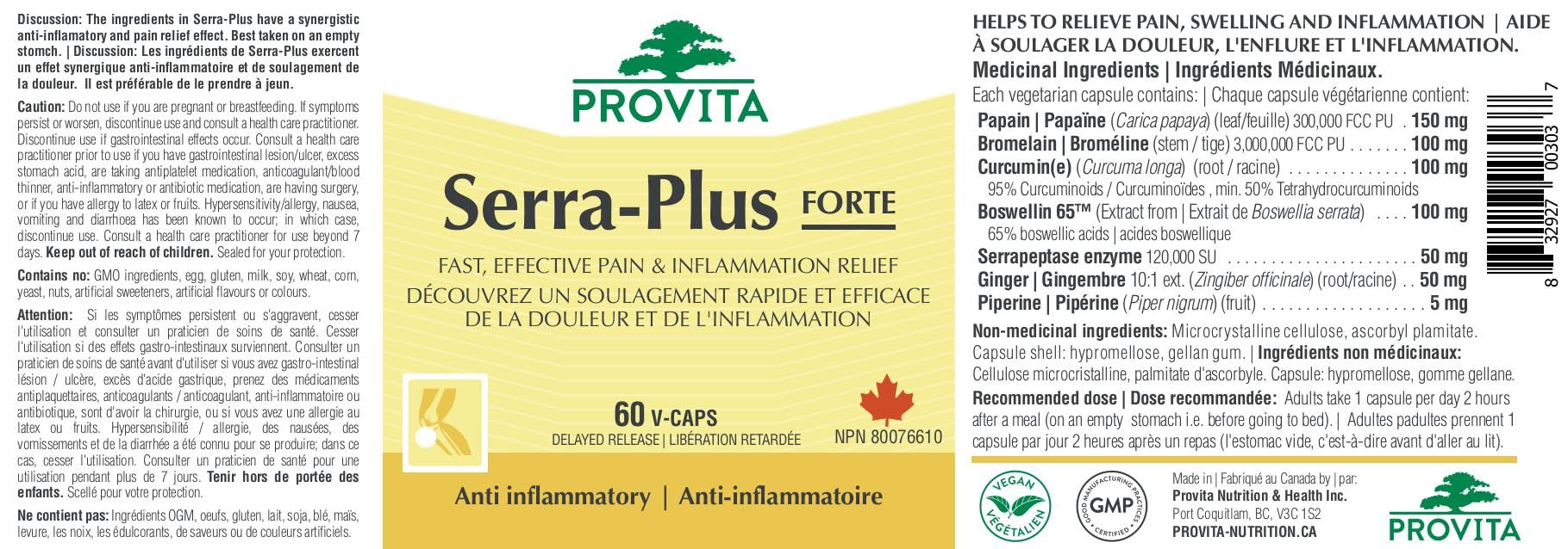 Serra-Plus fast relief for pain and inflammation, Canadian Made by Provita Nutrition