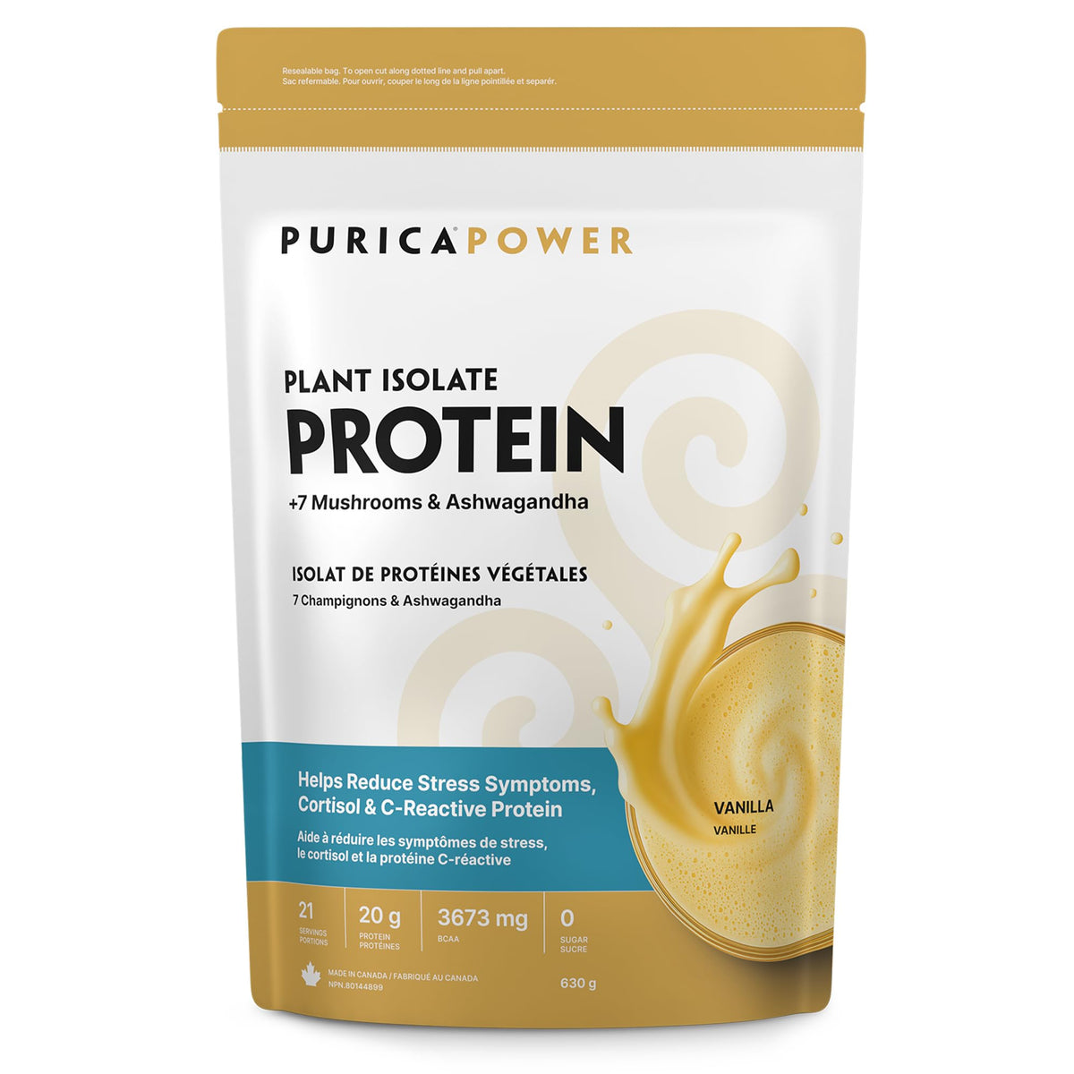 PURICA Vanilla Protein Powder, 7 Mushroom Blend, Pea & Rice Protein, 630 g