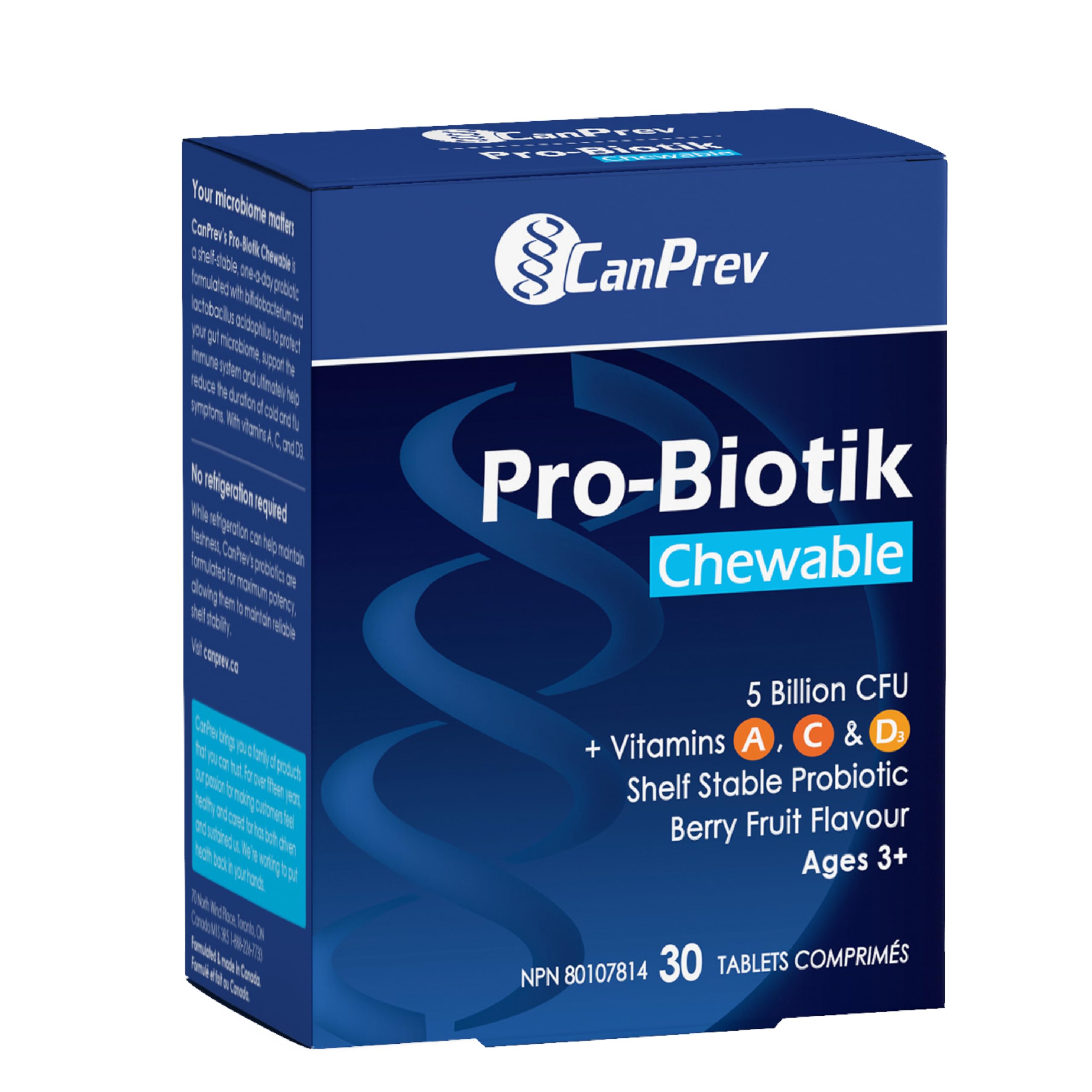 Canprev Pro-Biotik, 30 comprimés à croquer, approvisionnement de 30 jours, saveur de baies - Supplément probiotique pour enfants avec 5 milliards d'UFC et vitamines A, C et D3 - Idéal pour les enfants de 3 ans et plus, favorise des os et des dents solides