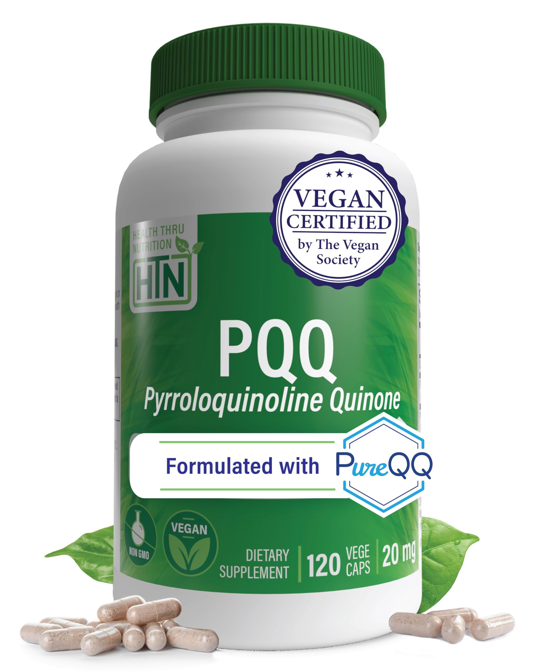 Health Thru Nutrition PQQ Pur – PQQ 20 mg à haute puissance, 120 gélules végétaliennes pour le soutien mitochondrial, l'amélioration de l'énergie, sans OGM, sans soja ni gluten, complément de pyrroloquinoline quinone étiquette propre