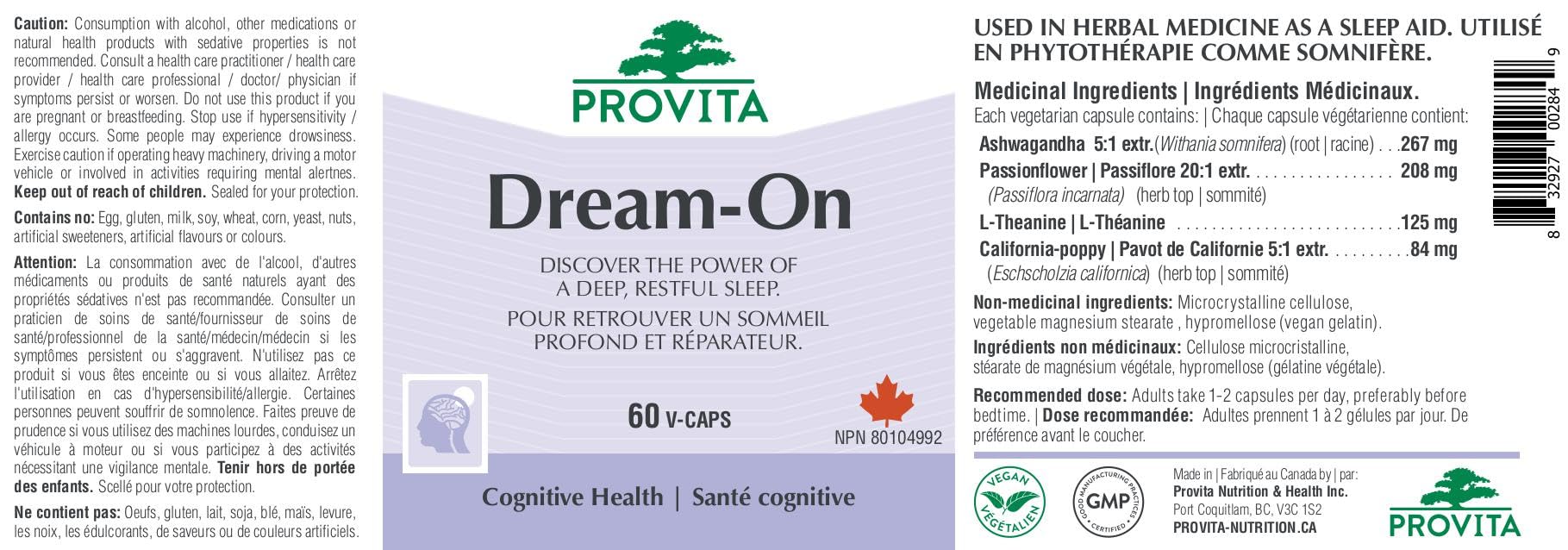 Dream-On™ - Aide naturelle au sommeil sans mélatonine de Provita | Ashwagandha, pavot de Californie, passiflore et L-théanine | Soutient un cycle de sommeil sain | Complément de sommeil sans accoutumance | 60 gélules