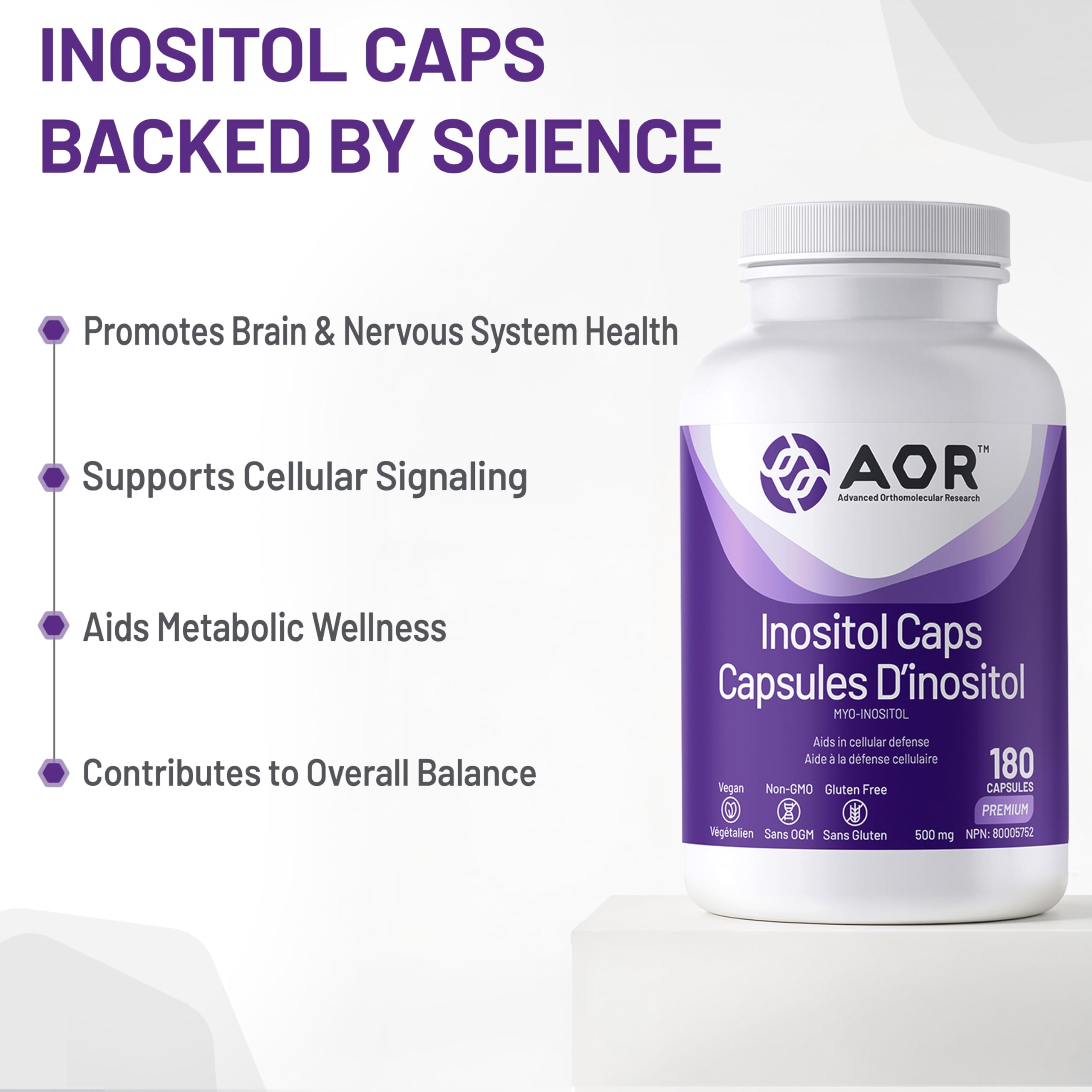 AOR - Inositol Caps 500mg, 90 capsules - Supplément de Myo-Inositol pour le soutien de l'humeur, la santé cérébrale et la santé mentale - Capsules d'Inositol - Aide à réguler les systèmes de signalisation cérébrale