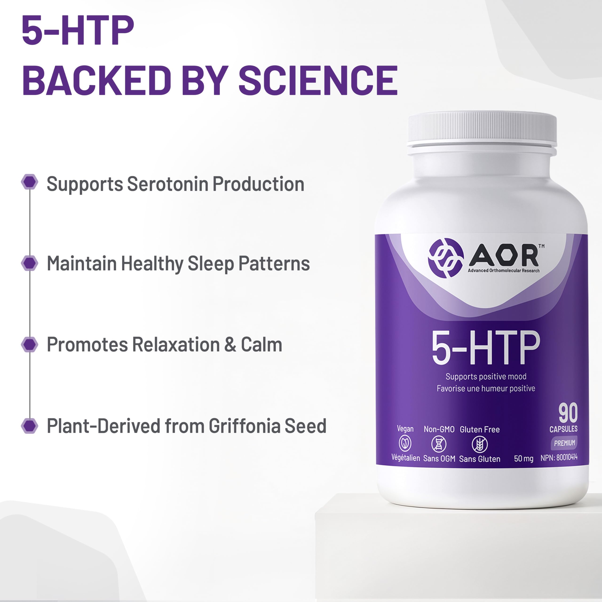 AOR 5-HTP 50mg, 90 gélules, cure de 30 jours – Complément de 5-hydroxytryptophane pour la relaxation, le soutien de la sérotonine et un sommeil réparateur – Végétalien, sans OGM ni gluten, facile à avaler, formule à base d'acides aminés