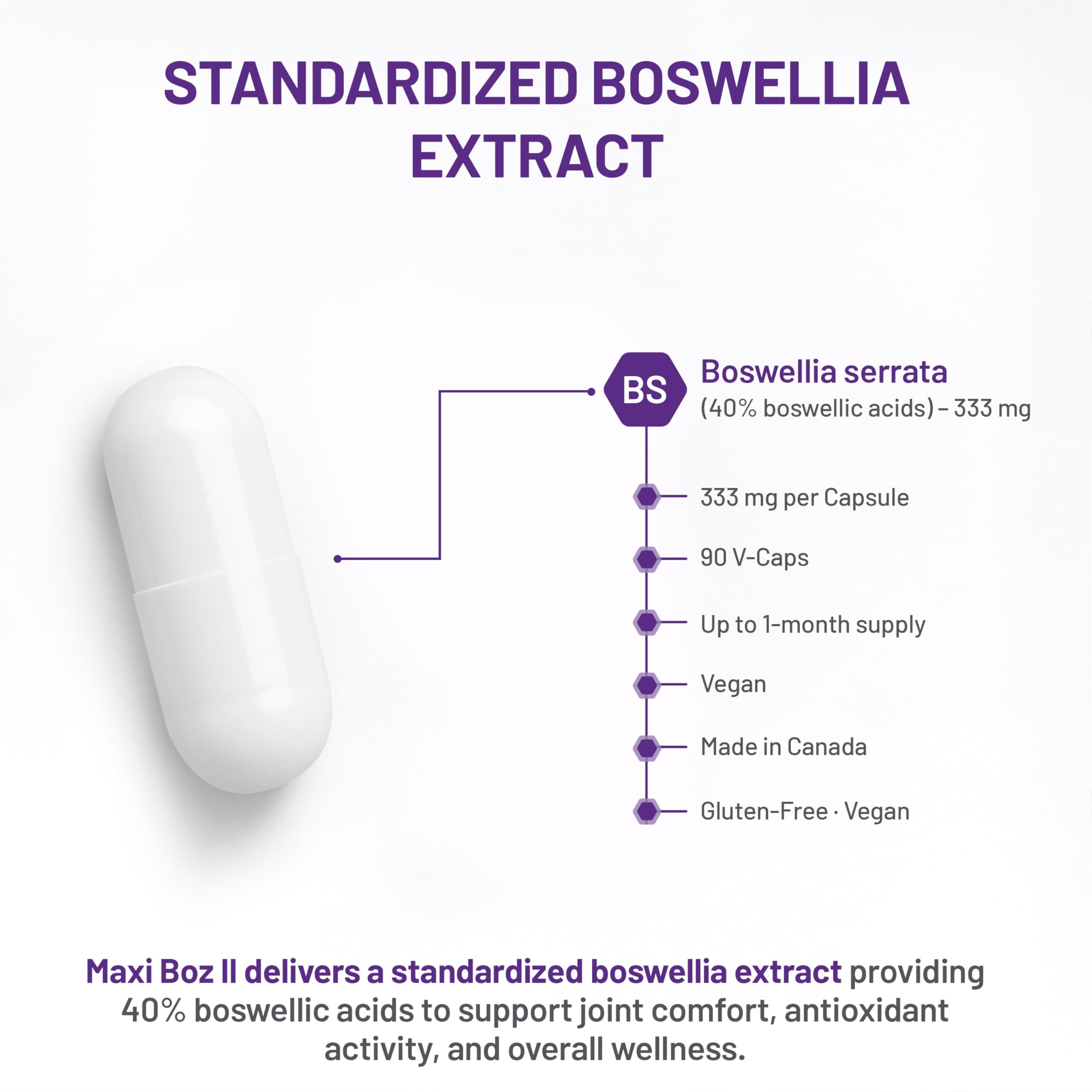 AOR - Maxi-Boz II 333mg, 90 capsules, cure de 30 jours - Extrait de Boswellia Serrata haute puissance pour le confort et la souplesse des articulations - Végétalien et sans gluten - Soutient l'amplitude des mouvements, favorise la facilité de mouvement