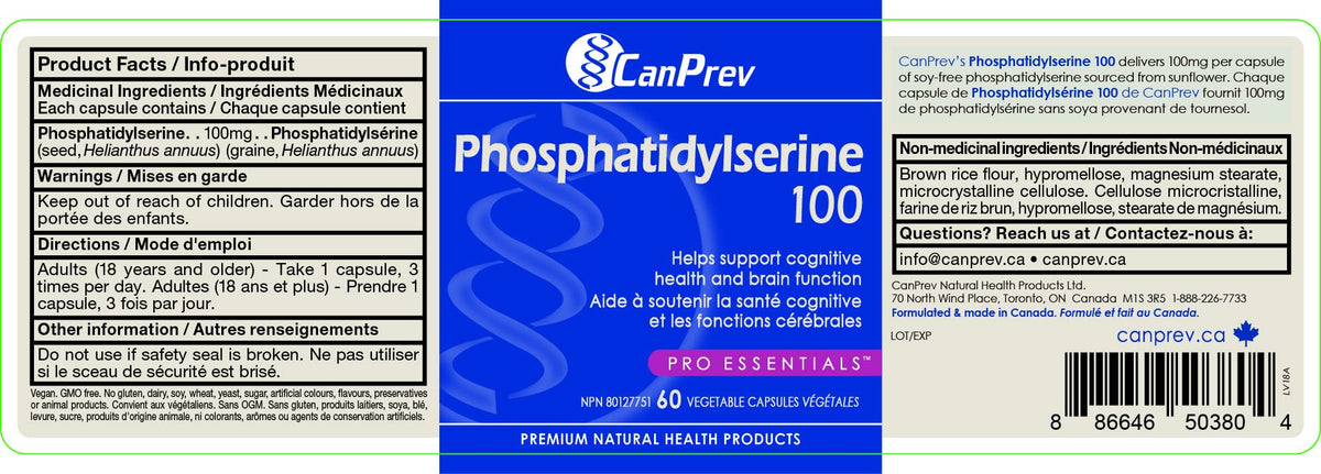 CanPrev Phosphatidylserine 100mg, Sunflower Lecithin, Soy Free, 60 Capsules