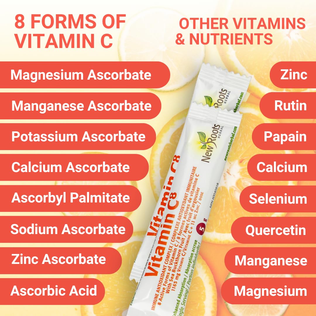 New Roots Herbal - Vitamine C8, 30 sachets pour 30 jours - Poudre à Boire Complexe Immunitaire Antioxydant - Source d'Électrolytes & Soutient la Fonction Musculaire - Moins Acide et pour les Défis Gastro-intestinaux