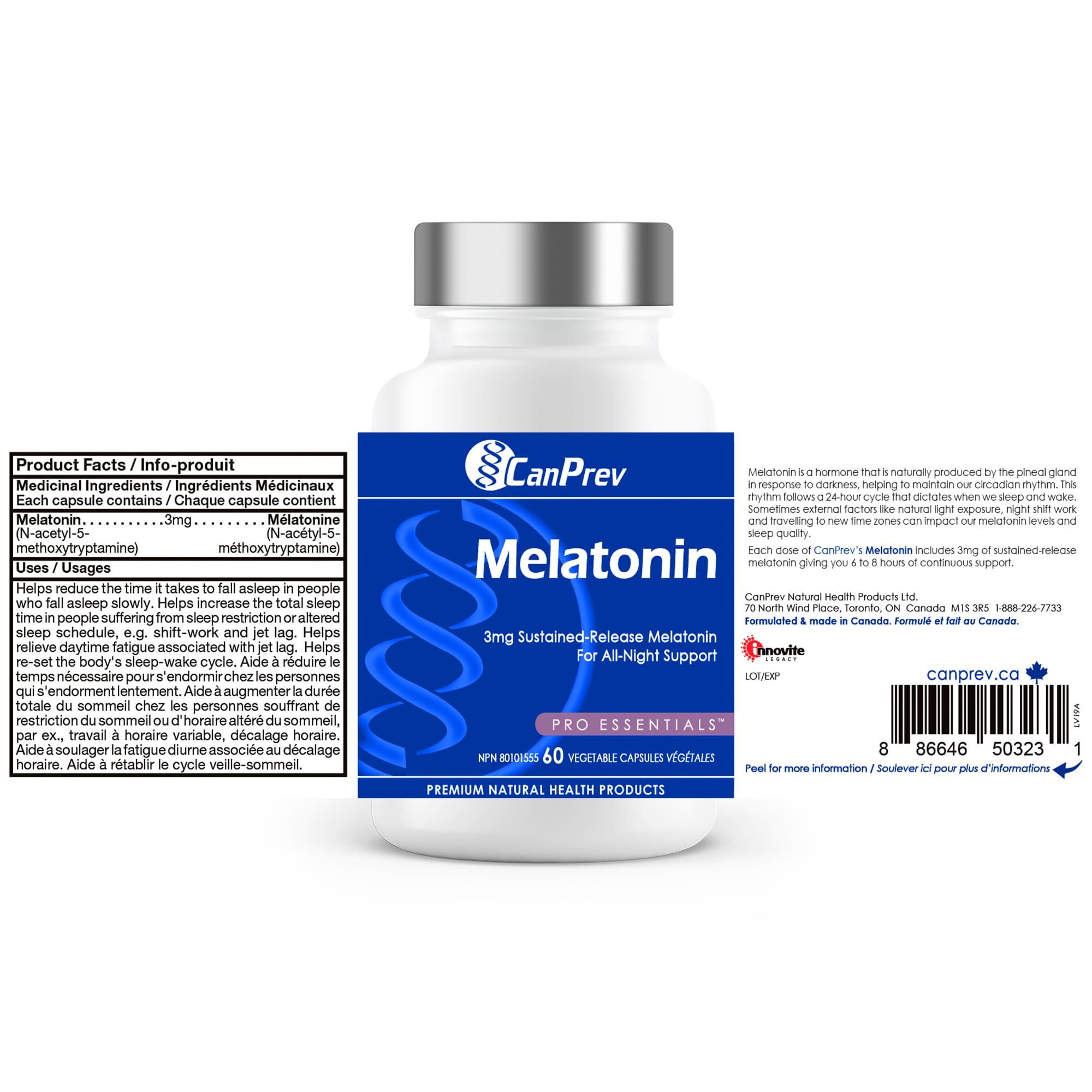 CanPrev Pure Melatonin 3 mg Sustained-Release, 60 Vegan Caps 60-Day Supply - Supports Restful & Extended Sleep Management, Travel Adjustments & Natural Sleep Rhythm - Melatonin Supplement for Adults