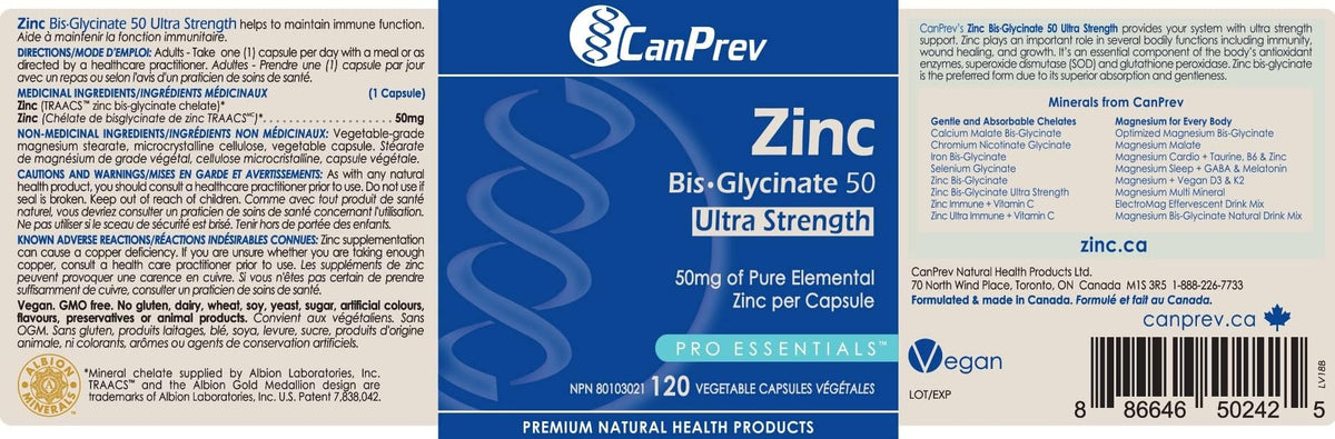 CanPrev Zinc Supplements, Zinc Bisglycinate Chelate, 50mg, 120 Capsules