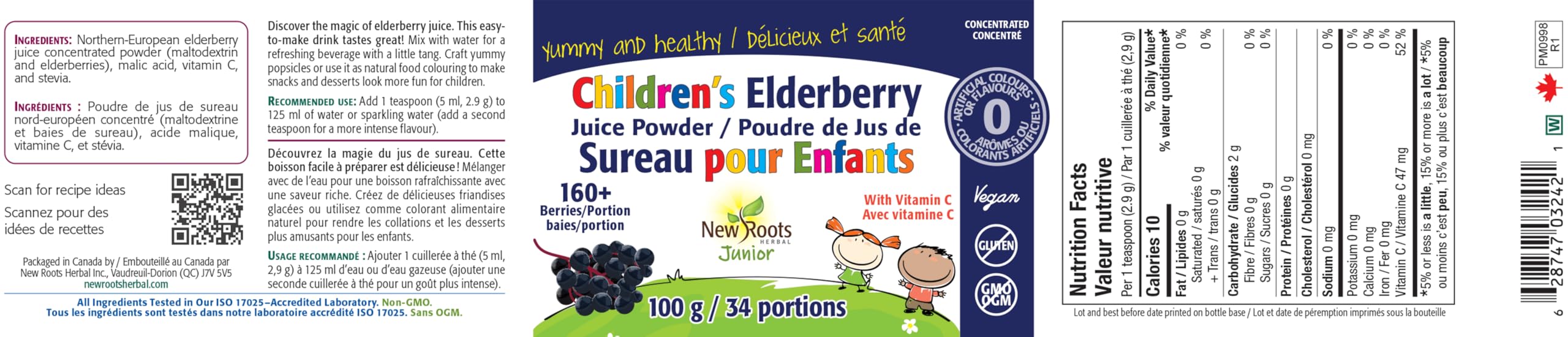 New Roots Herbal - Children's Elderberry Juice Powder with Rich in Vitamin C, 100g 34-Servings - 160+ Berries Per Portion, Pure Elderberry Supplement for Kids - Overall Wellness for Children - Vegan