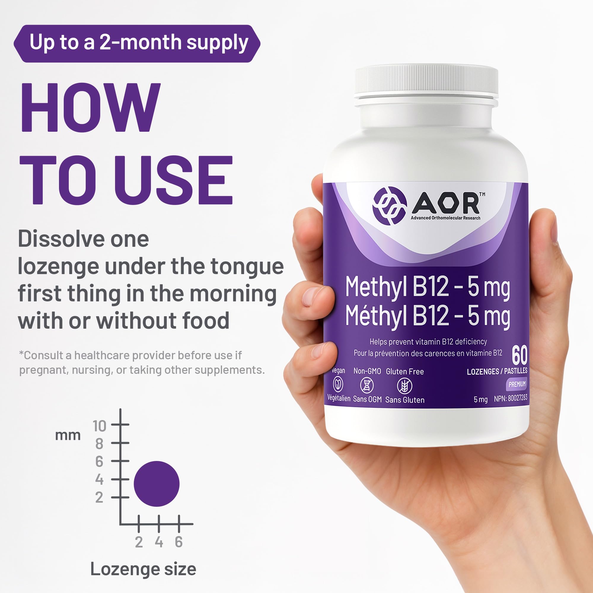AOR - Méthyl B12, 60 pastilles - Vitamine B12 Méthylcobalamine - Complément favorisant la santé nerveuse - Supplément végétalien de B12 - Aide à prévenir la carence en vitamine B12 - Capsules de B12 méthylée