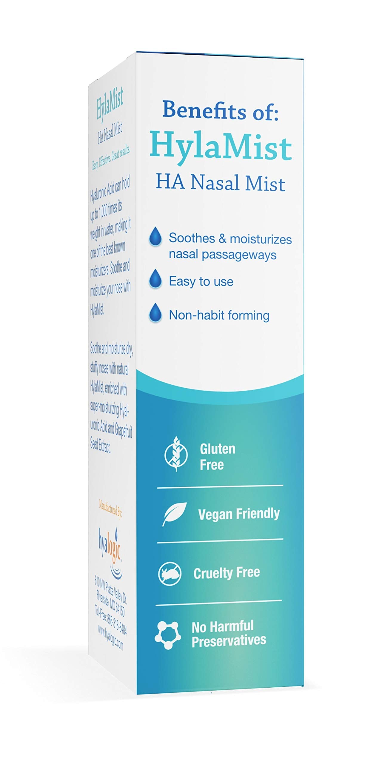Hyalogic - Spray nasal, 59 ml - Acide hyaluronique + extrait de pépins de pamplemousse pour nez sec - Apaise et hydrate le nez sec et bouché avec le spray nasal HylaMist HA