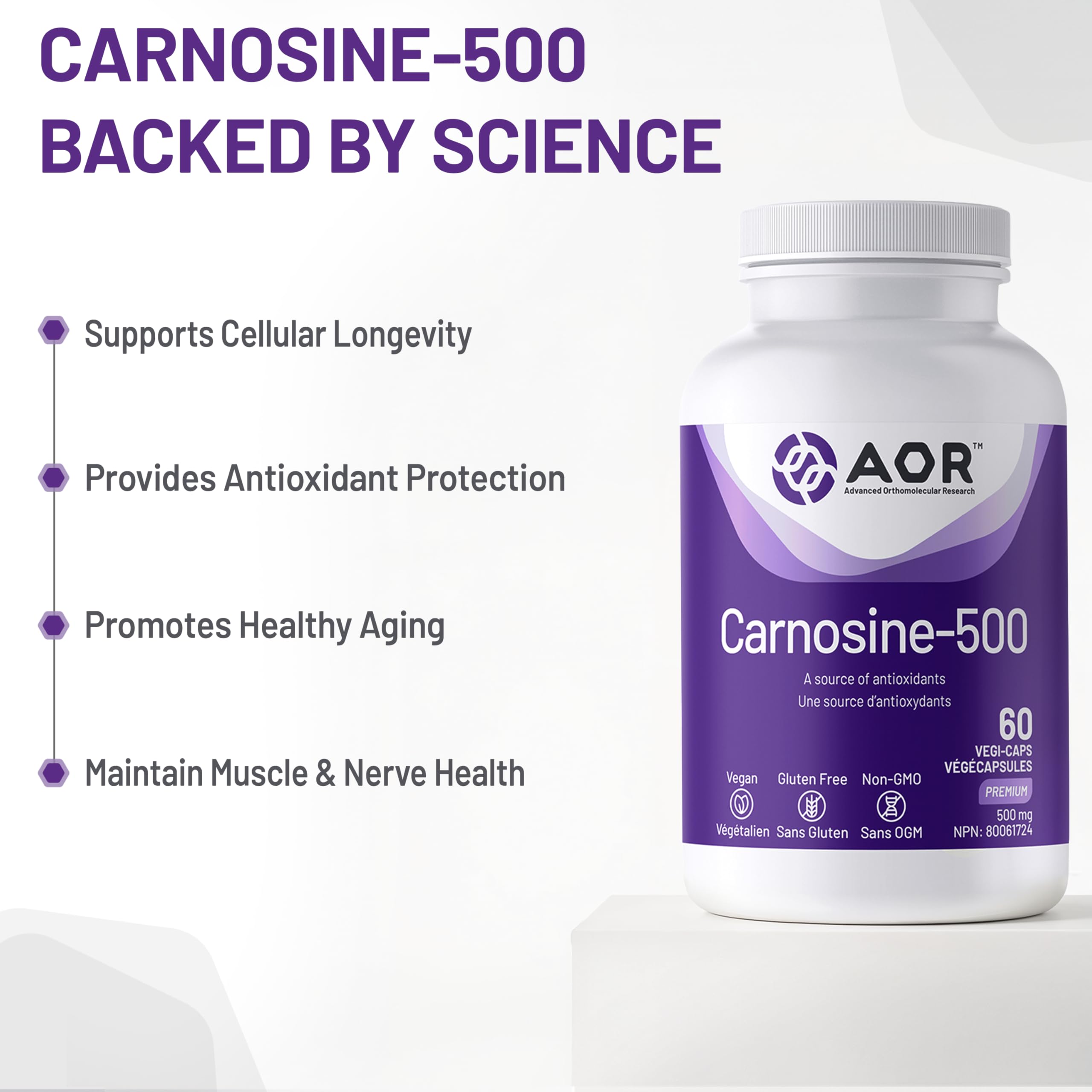 AOR Carnosine Supplément 500 mg Acides Aminés - Soutien Antioxydant pour la Fonction Cellulaire, la Vitalité Musculaire et le Bien-être Cognitif - Formule Végétalienne, sans OGM et sans Gluten