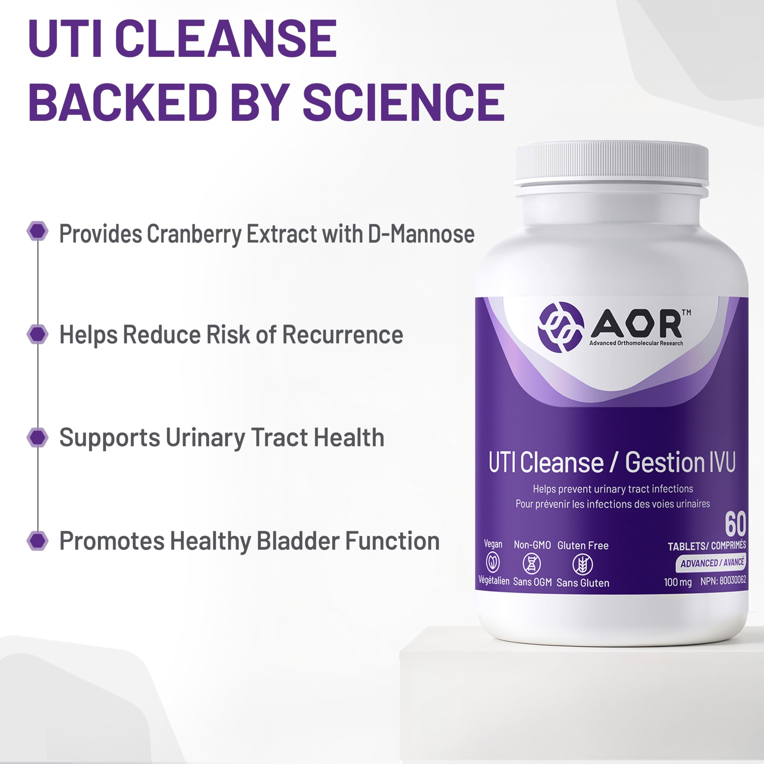 AOR - UTI Cleanse, 120 comprimés - Jus de canneberge avec supplément de D-Mannose - D-Mannose pour la santé des voies urinaires - Extrait de jus de canneberge séchée Vaccinium Macrocarpon