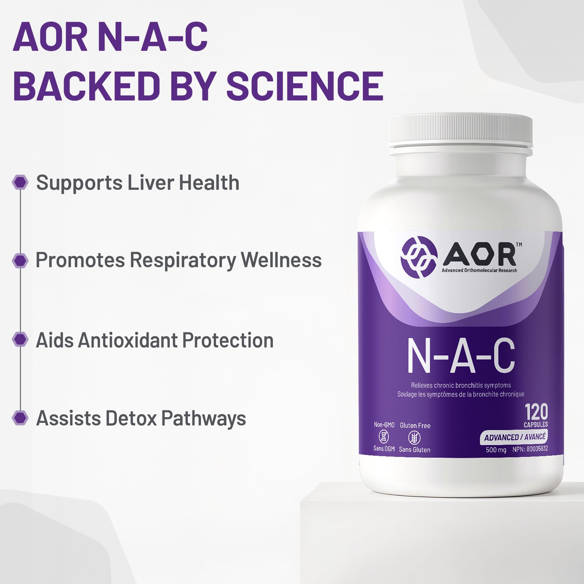 AOR - Complément de NAC 500mg N-Acétylcystéine, 120 Gélules - Soulagement du mucus, Soulagement de la bronchite, Évacuation du mucus, Complément respiratoire et de détoxification - Gélules de N-Acétylcystéine NAC 500mg