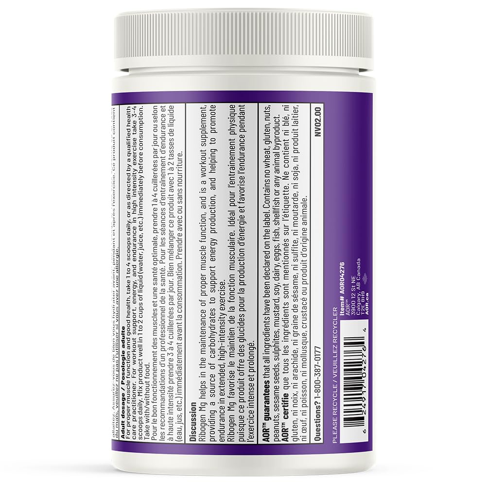 AOR Ribogen Mg 263g 105 portions – Poudre de citrate de magnésium avec D-Ribose, favorise les niveaux d'énergie et la performance physique, améliore la fonction musculaire, la récupération et la santé osseuse – Végétalien, sans OGM et sans gluten