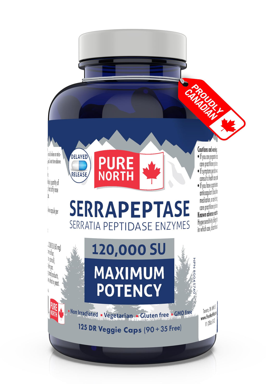 Pure North Naturals - Serrapeptase Serratia Peptidase Enzymes 120000 SU Maximum Potency (90+35 Capsules) 125-Day Supply - Supports Respiratory Health - 3rd Party Tested - Formulated & Made in Canada