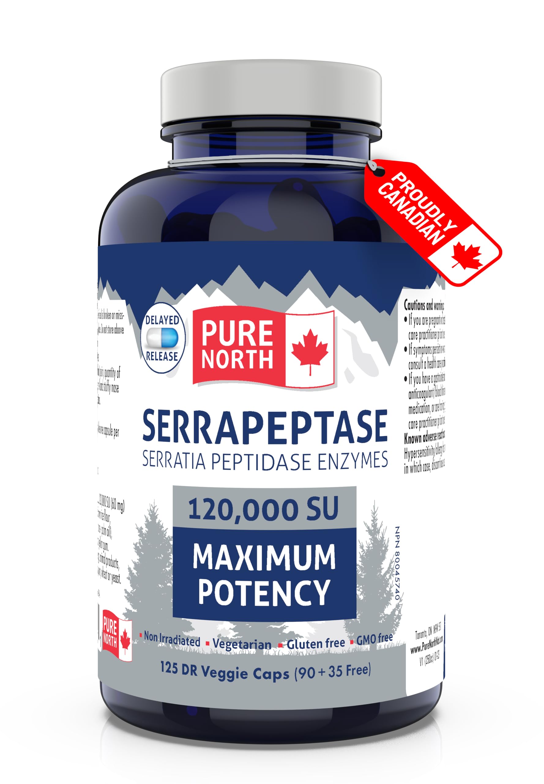 Pure North Naturals - Serrapeptase Serratia Peptidase Enzymes 120000 SU Maximum Potency (90+35 Capsules) 125-Day Supply - Supports Respiratory Health - 3rd Party Tested - Formulated & Made in Canada
