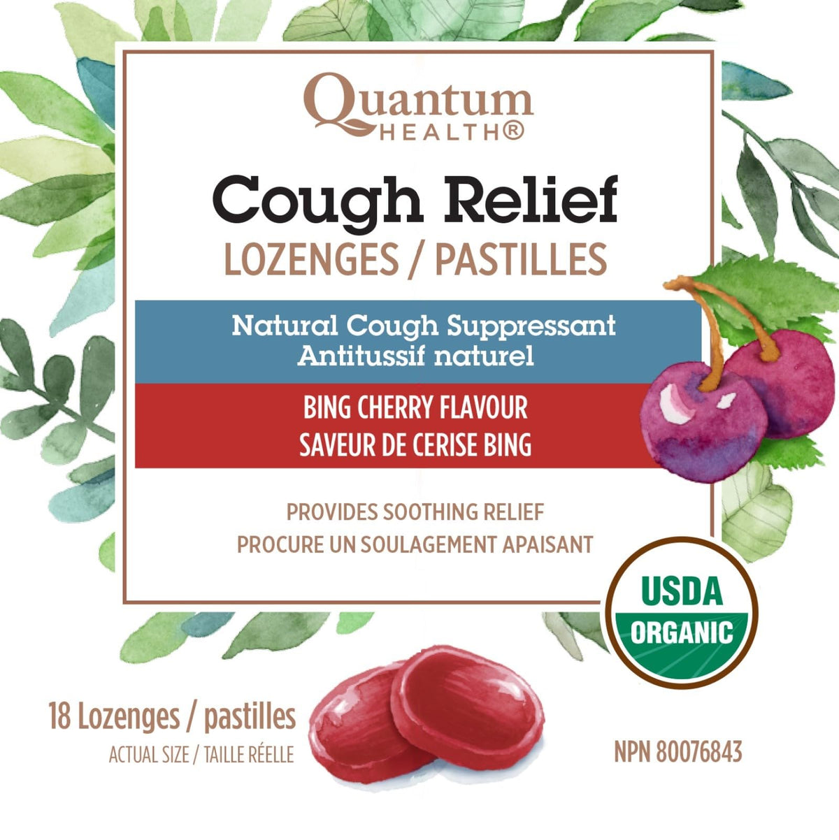 Quantum Health - Organic Cough Relief 18 Lozenges Bag, 2-Day Supply, Bing Cherry Flavor, Helps Soothe and Comfort the Throat, Organic Menthol Cough Suppressant Oral Anesthetic