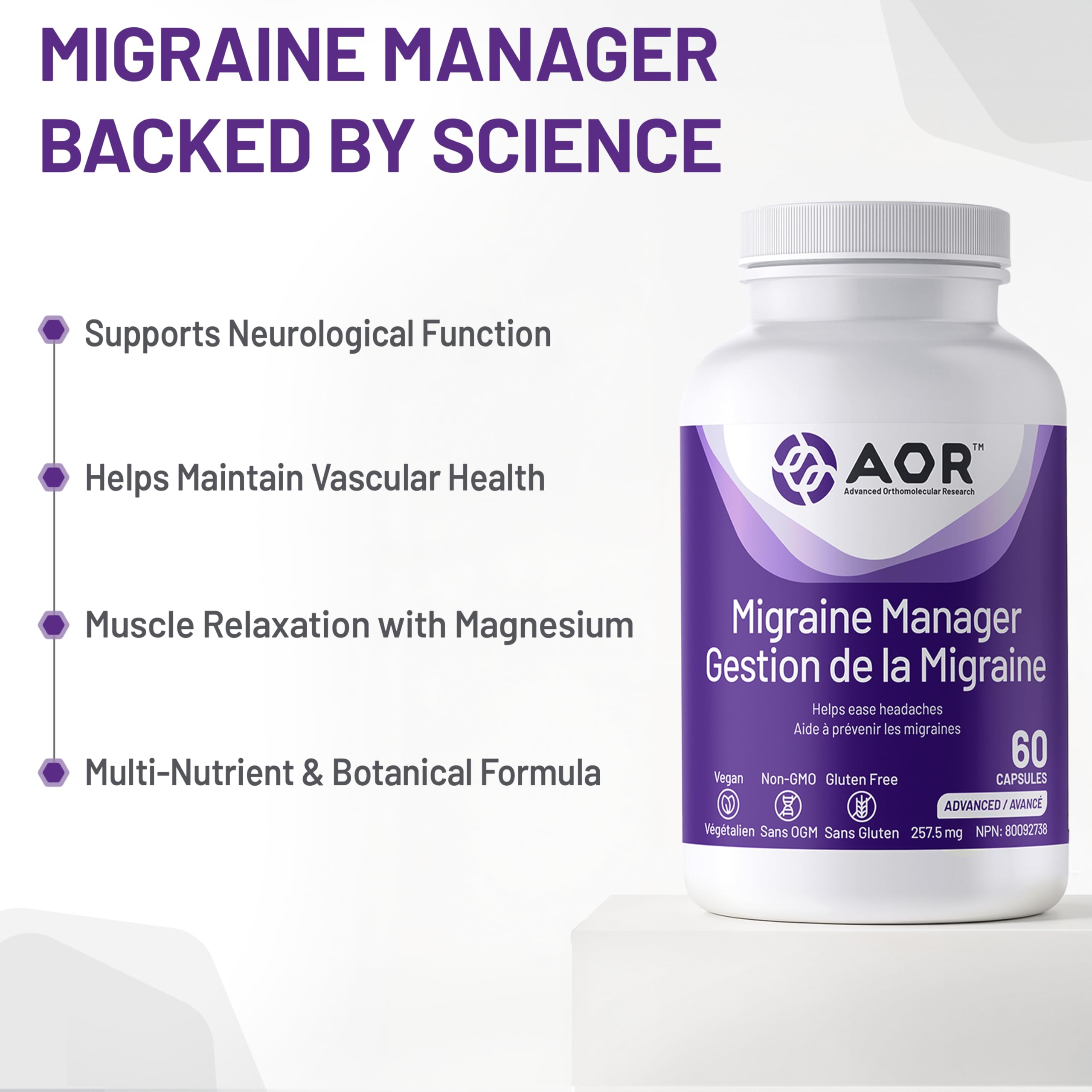 AOR Migraine Manager 60 Caps 30-Day Supply - Balanced Support with Riboflavin, Feverfew Extract & Magnesium Citrate - Brain Health Supplement for Adults - Natural Calm for Head Comfort & Sleep Support