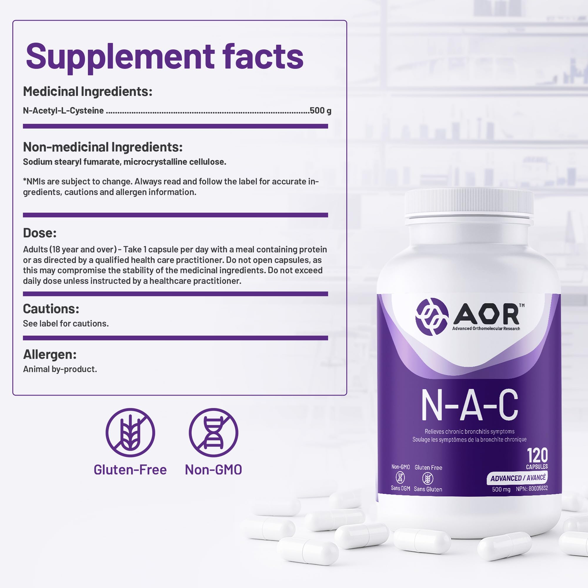 AOR - Complément de NAC 500mg N-Acétylcystéine, 120 Gélules - Soulagement du mucus, Soulagement de la bronchite, Évacuation du mucus, Complément respiratoire et de détoxification - Gélules de N-Acétylcystéine NAC 500mg