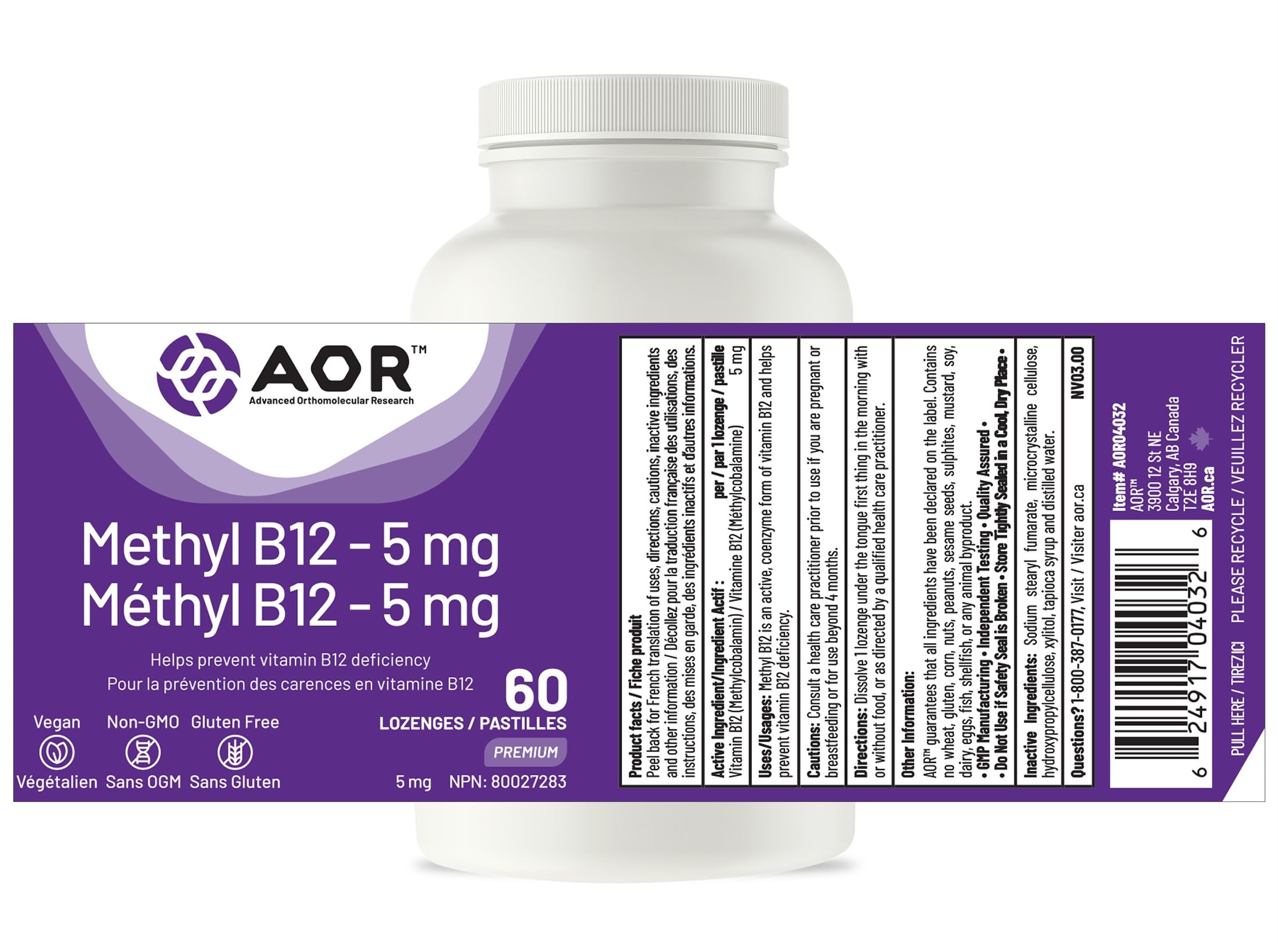 AOR - Méthyl B12, 60 pastilles - Vitamine B12 Méthylcobalamine - Complément favorisant la santé nerveuse - Supplément végétalien de B12 - Aide à prévenir la carence en vitamine B12 - Capsules de B12 méthylée