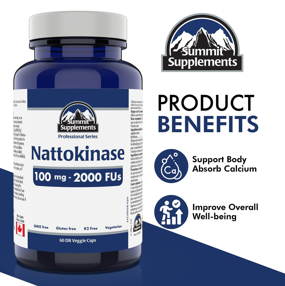 Nattokinase 100mg 2000 FU, 60 DR Vegetarian Capsules, 60-Day Supply - Supports Cardiovascular & Heart Health, Non-GMO, Gluten-Free - Promotes Circulation & Vitality, Proudly Canadian, Plastic Negative