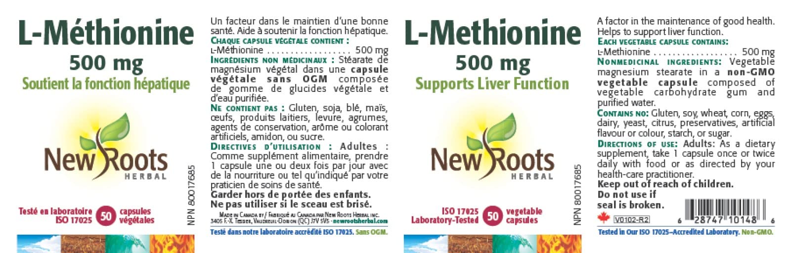 New Roots Herbal L-Méthionine 500 mg, Acide Aminé, Soutien Essentiel pour l'Activité Hépatique et le Bien-Être Quotidien, 50 Gélules Végétales, Approvisionnement de 50 Jours